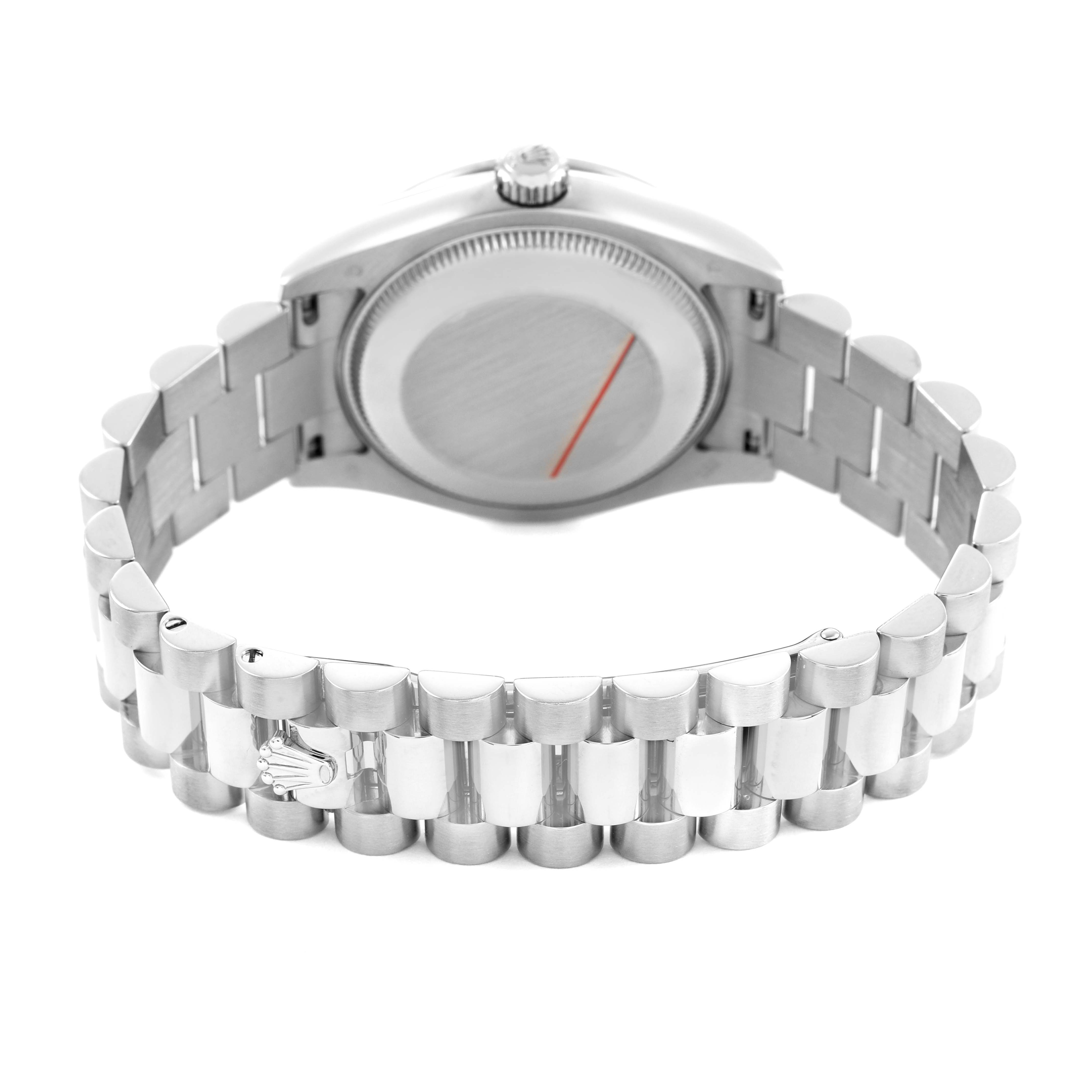 The image shows the back and bracelet of a Rolex President 178159 Women's White Gold Silver Dial model watch from a rear angle.