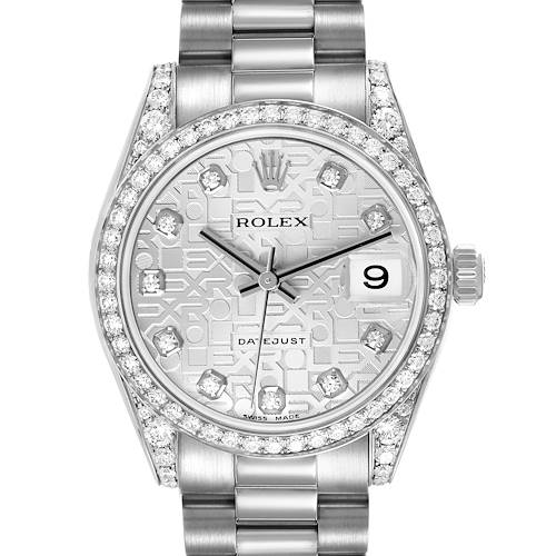The Rolex President 178159 Women's White Gold Silver Dial model watch is shown from the front, highlighting the diamond bezel, dial, and part of the bracelet.