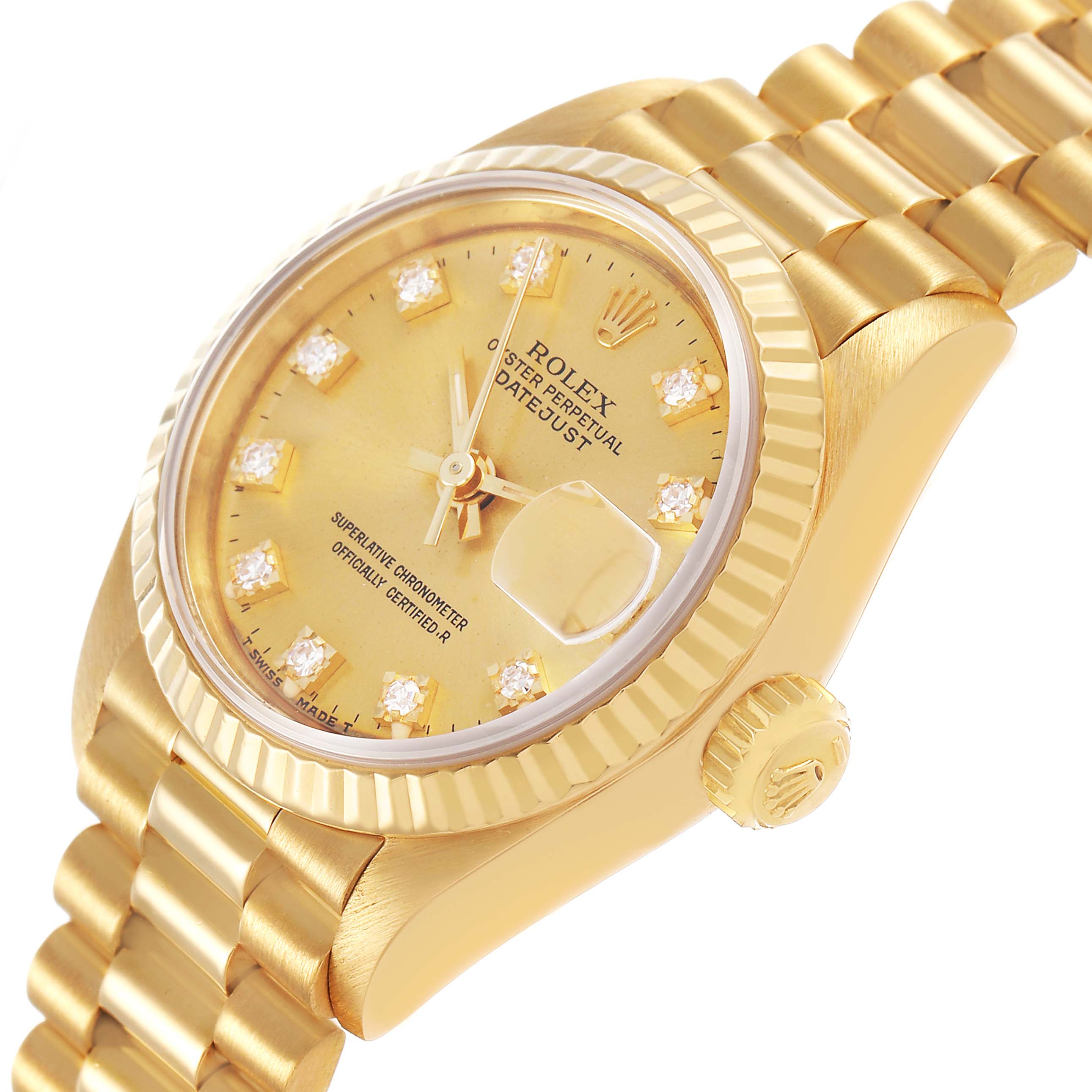 The Rolex Datejust 69178 Women's Yellow Gold Champagne Dial watch is shown at a slight angle displaying its gold bezel, dial, bracelet, and crown.