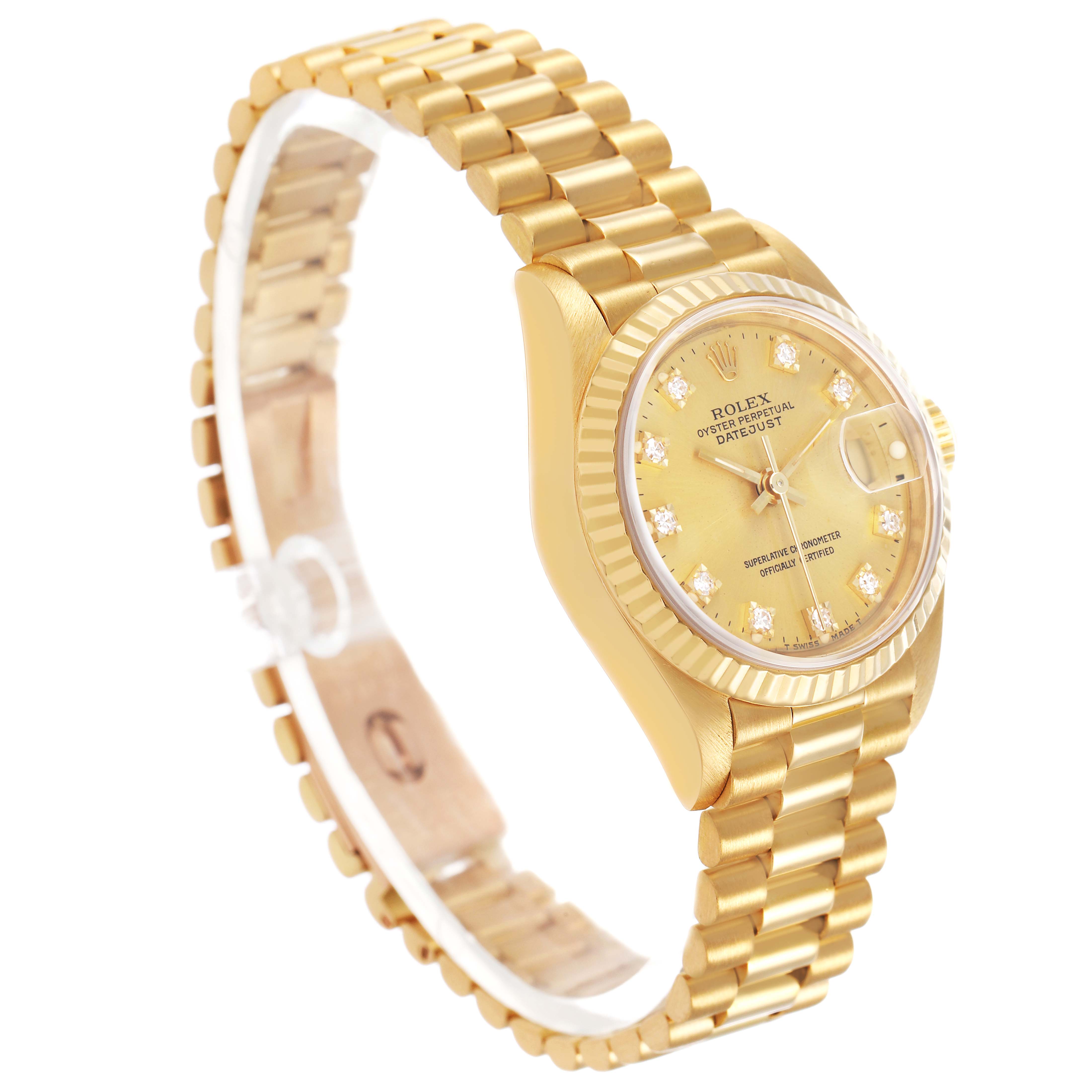 The Rolex Datejust 69178 Women's Yellow Gold Champagne Dial watch is shown at a three-quarter angle, highlighting the bezel, dial, and bracelet.