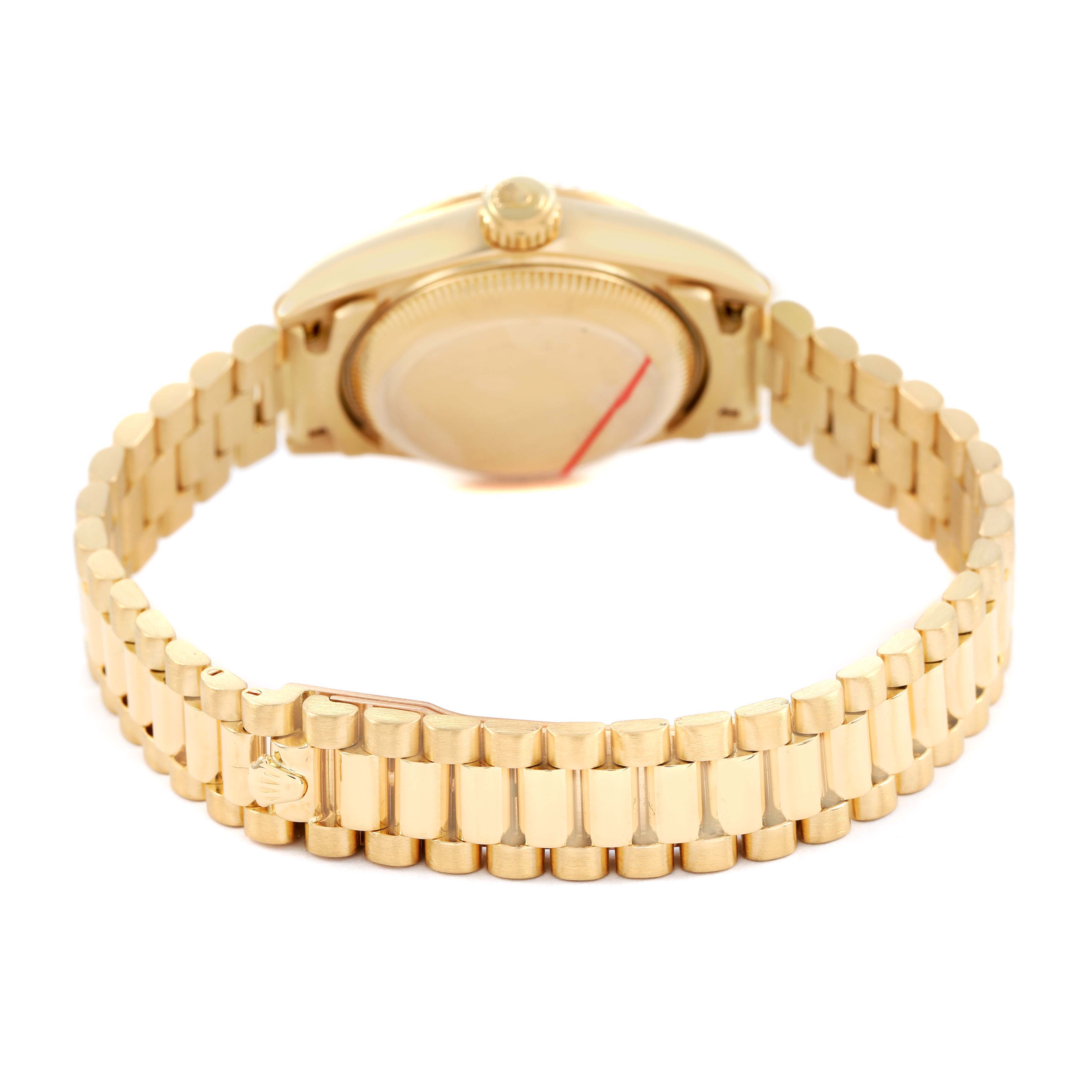 The image shows the back of the Rolex Datejust 69178 Women's Yellow Gold Champagne Dial, featuring its case and bracelet.