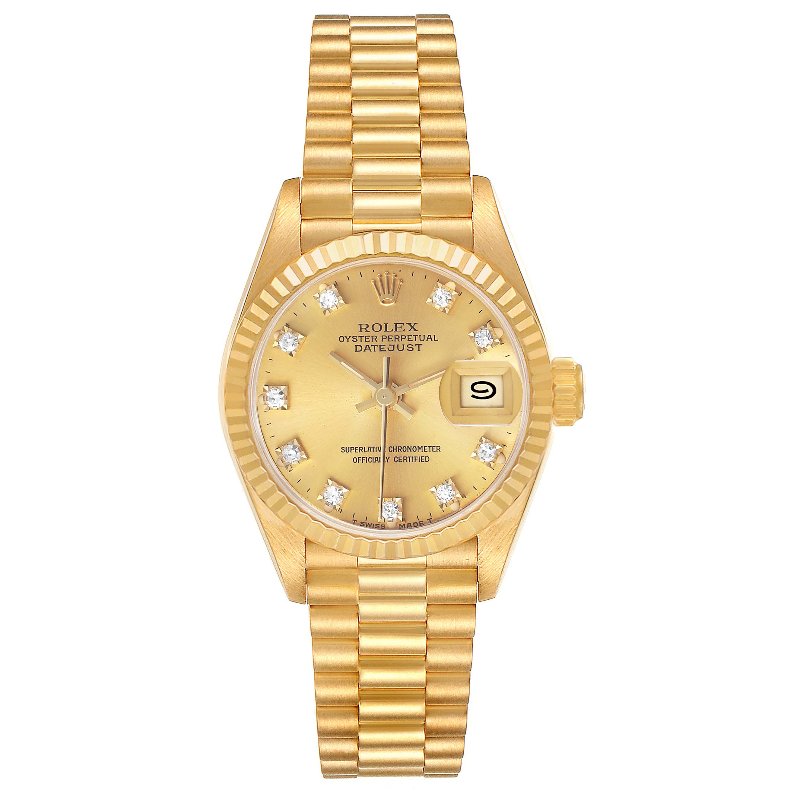 The Rolex Datejust 69178 Women's Yellow Gold Champagne Dial watch is shown from a top-down angle, displaying its dial, bezel, bracelet, and date window.