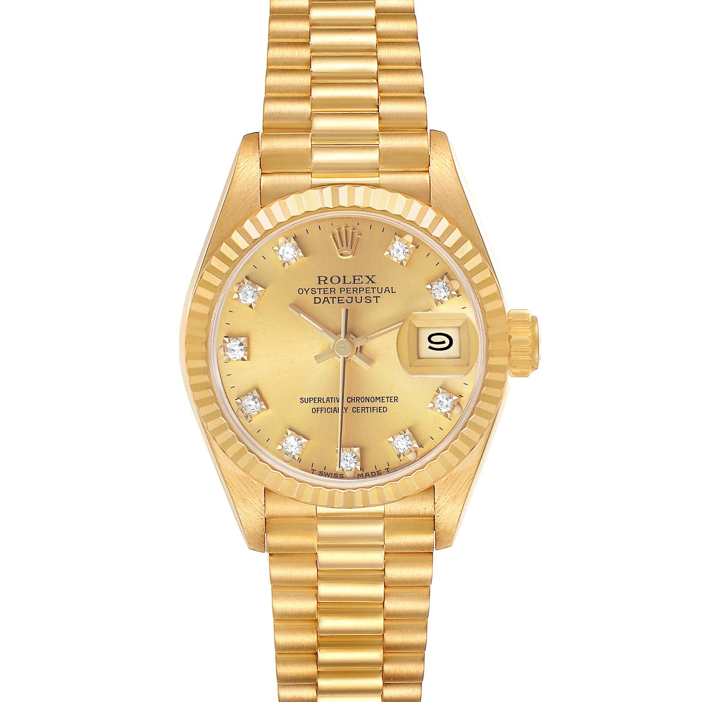 The Rolex Datejust 69178 Women's Yellow Gold Champagne Dial watch is shown from a front angle, highlighting its gold dial, fluted bezel, and Jubilee bracelet.