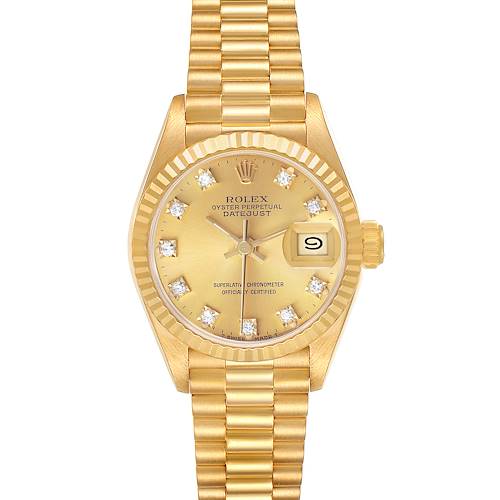 The Rolex Datejust 69178 Women's Yellow Gold Champagne Dial watch is shown from a top-down angle, displaying the dial, bezel, case, and bracelet.