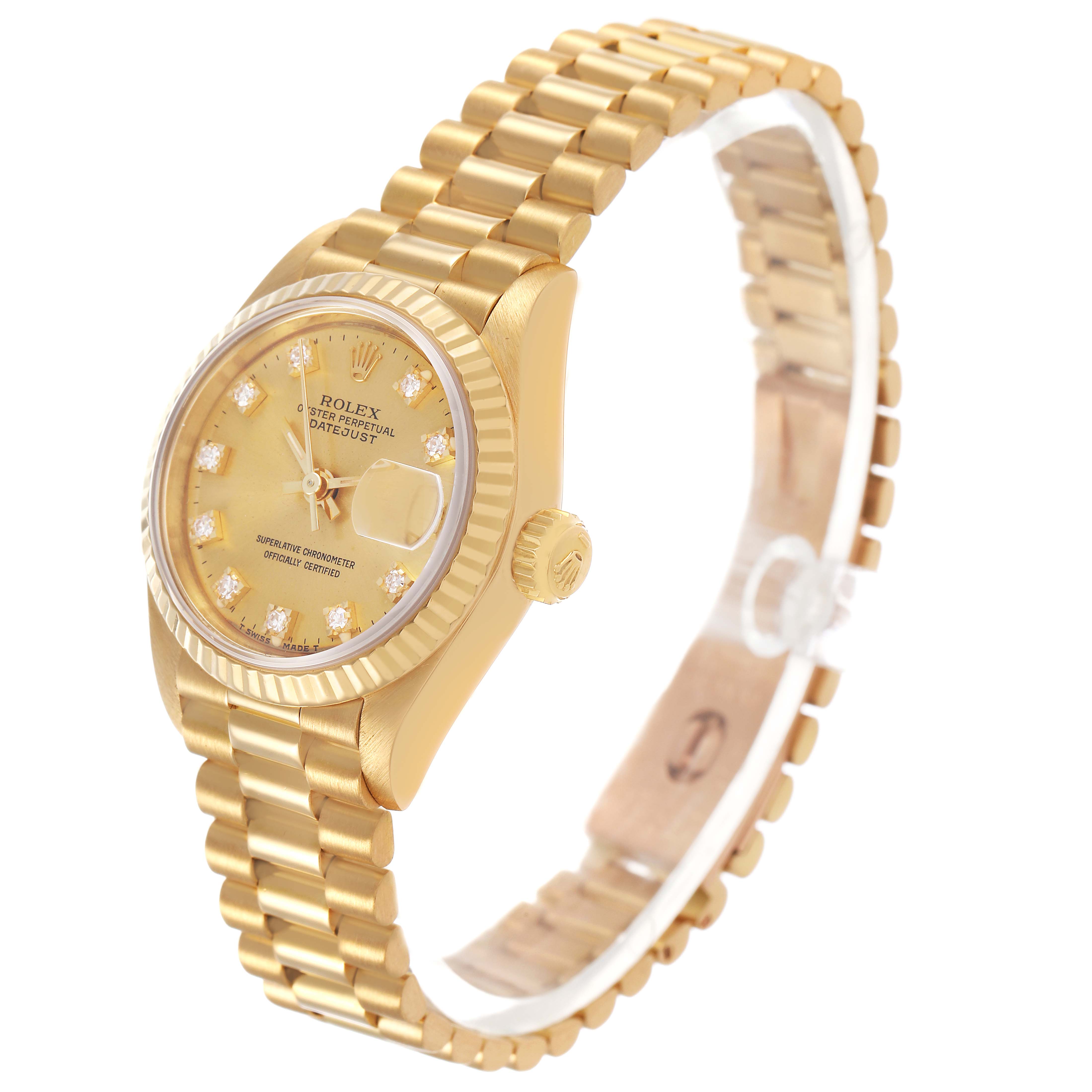 The Rolex Datejust 69178 Women's Yellow Gold Champagne Dial watch is shown at a slight angle, highlighting the face, fluted bezel, crown, and bracelet.