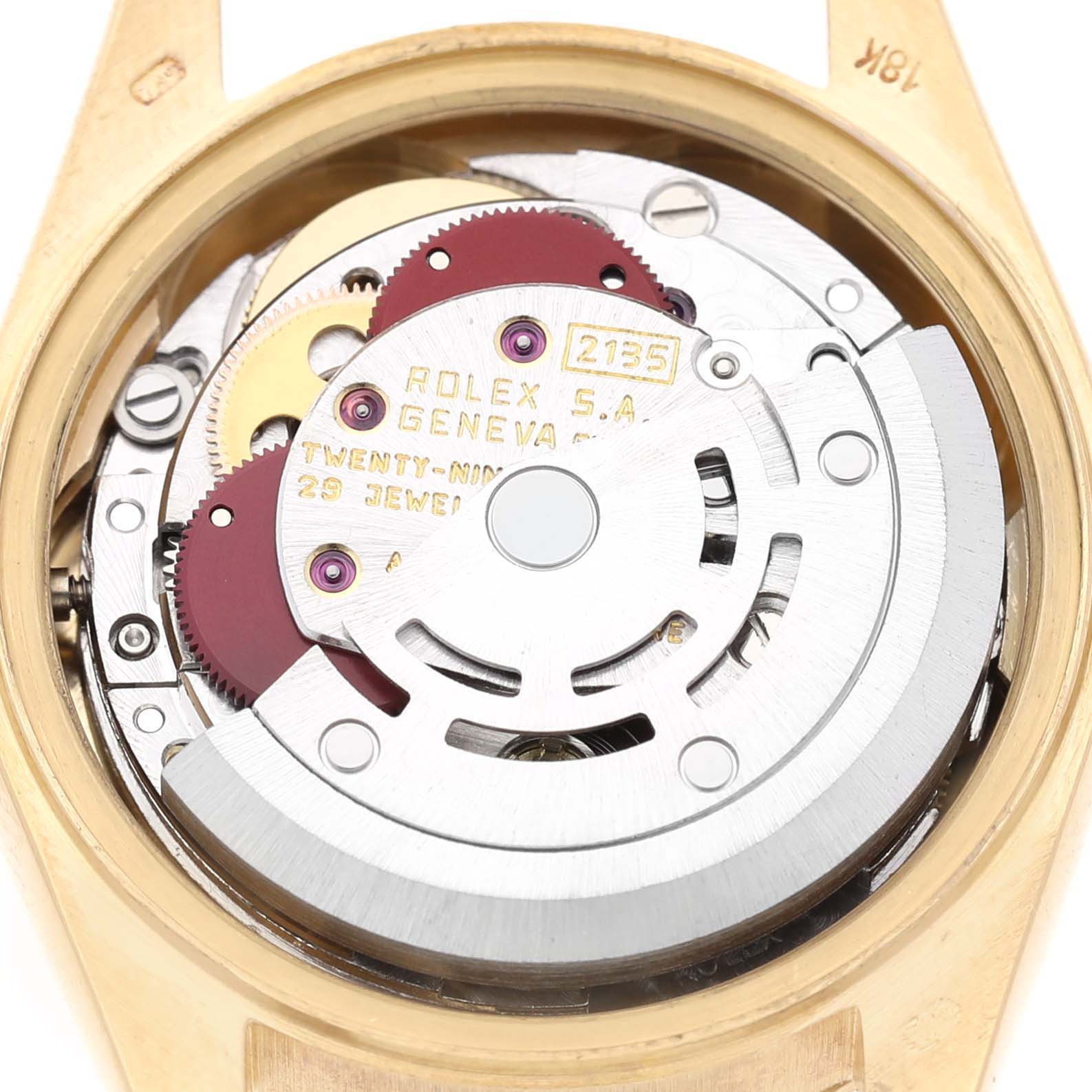 The image shows the movement of a Rolex Datejust 69178 Women's Yellow Gold Champagne Dial watch from a top view, highlighting its intricate internal mechanics.