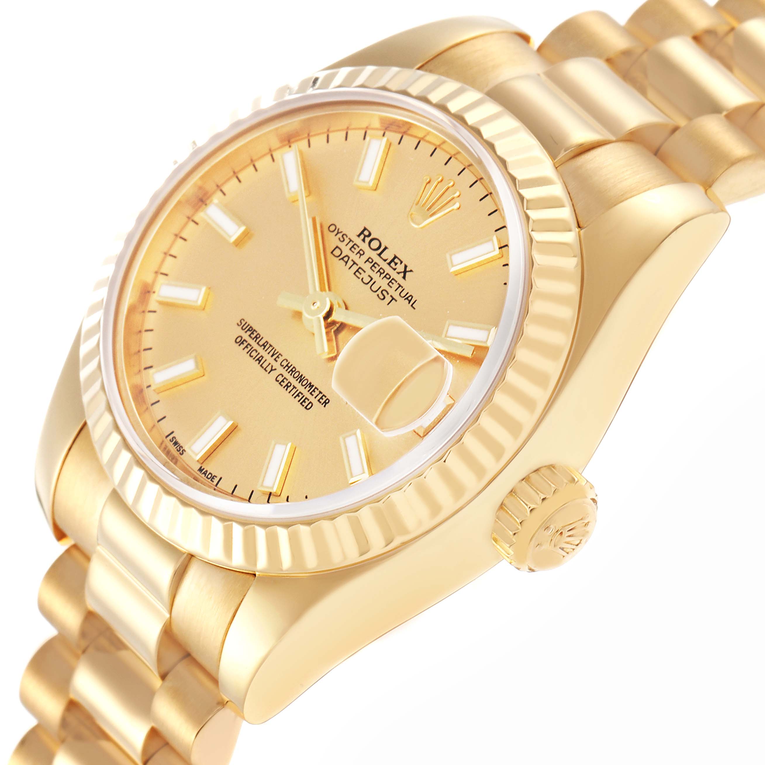 The Rolex President 179178 Women
s Yellow Gold Champagne Dial 179178 Women
s Yellow Gold Champagne Dial watch is shown at a tilted angle, highlighting the dial, bezel, crown, and part of the bracelet.