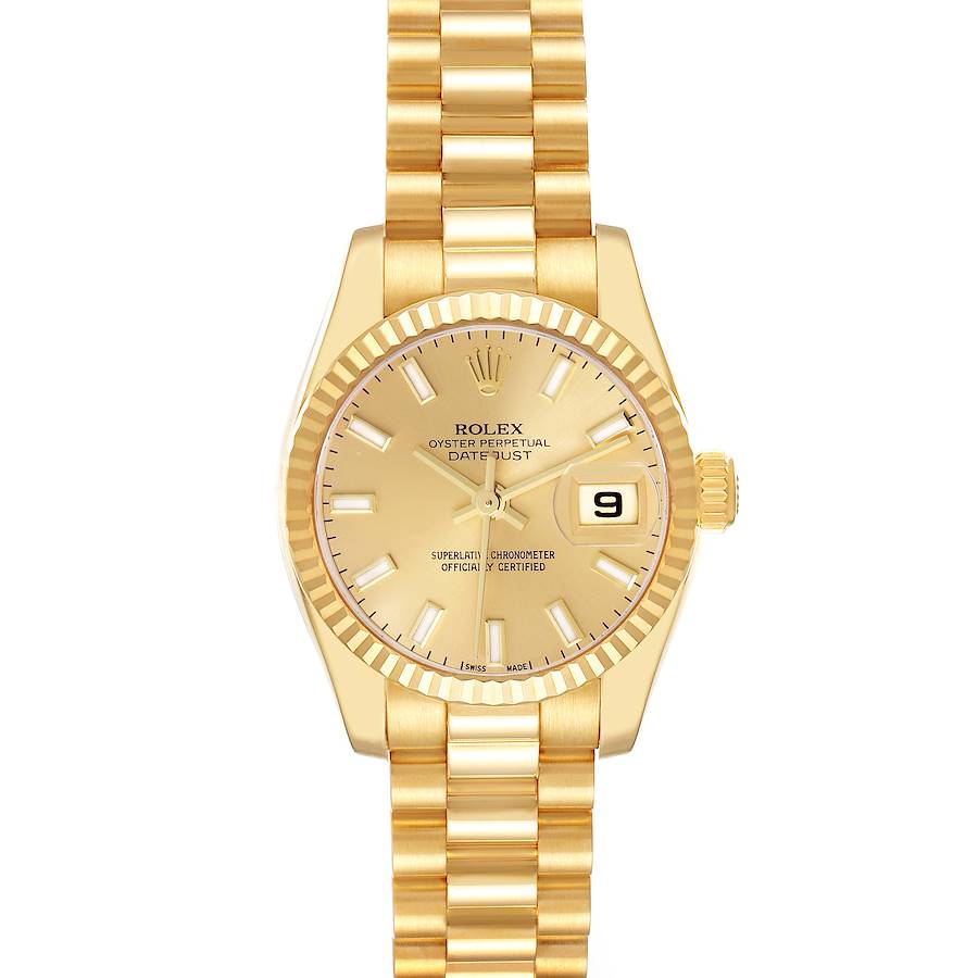 The Rolex President watch is shown from a top-down angle, displaying the face, bezel, and full bracelet.