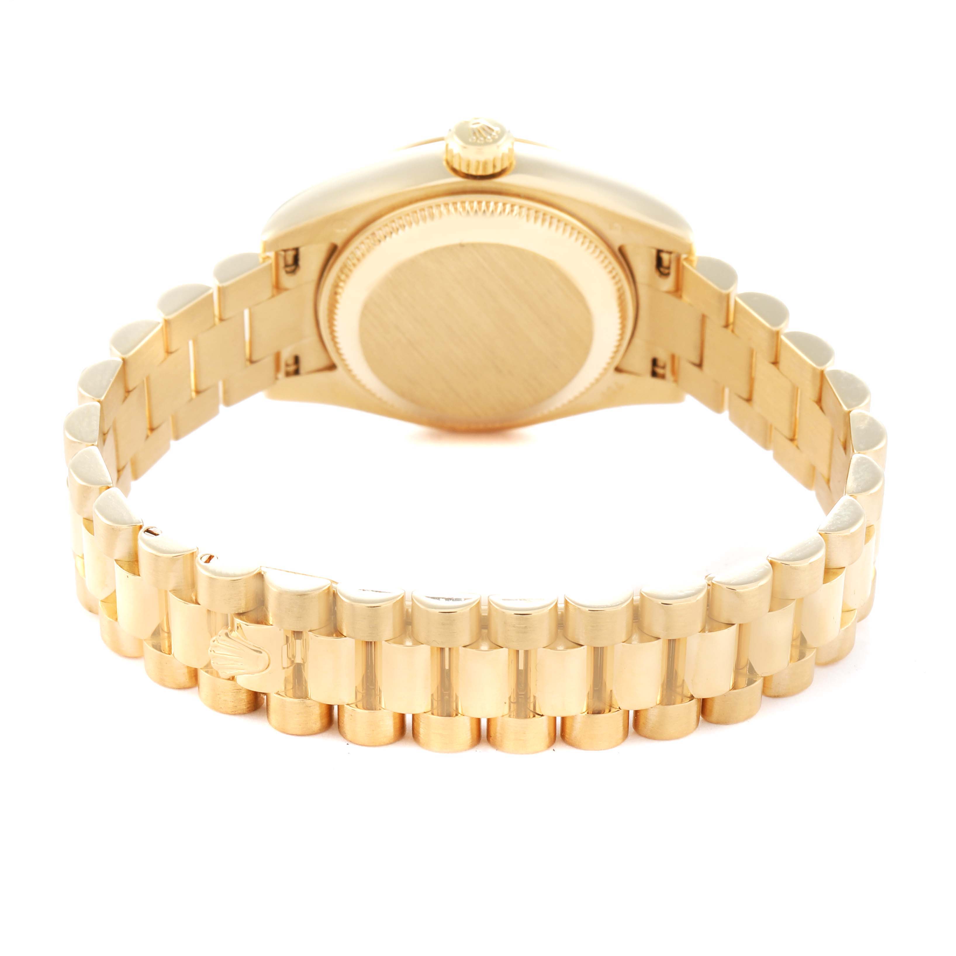 The image shows a rear view angle of the Rolex President 179178 Women
s Yellow Gold Champagne Dial 179178 Women
s Yellow Gold Champagne Dial model, highlighting the case back and bracelet.