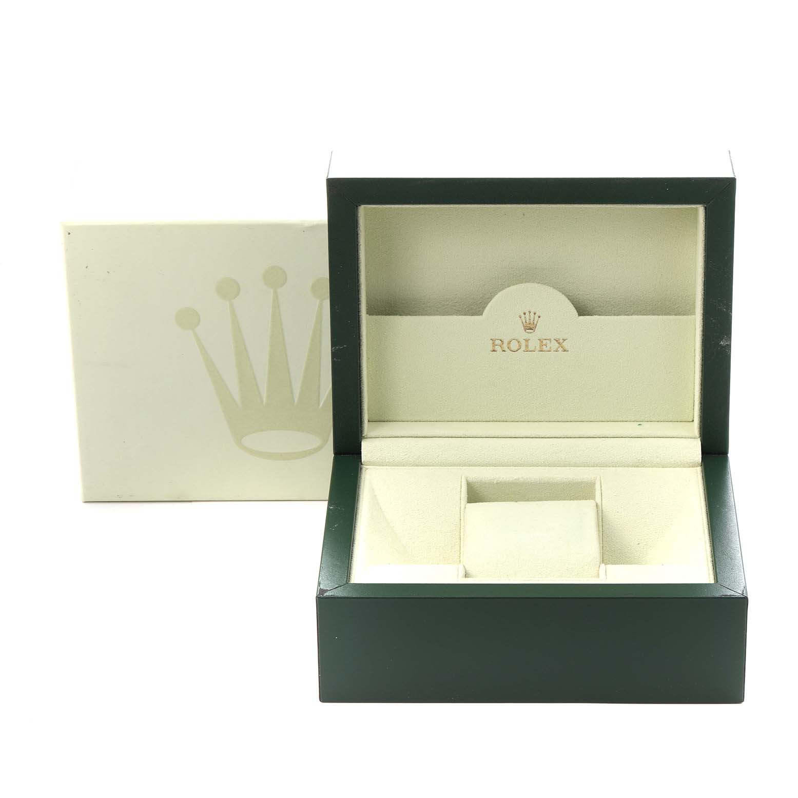 The image shows an open box for a Rolex President 179178 Women
s Yellow Gold Champagne Dial 179178 Women
s Yellow Gold Champagne Dial model watch, featuring interior compartments and a logo.