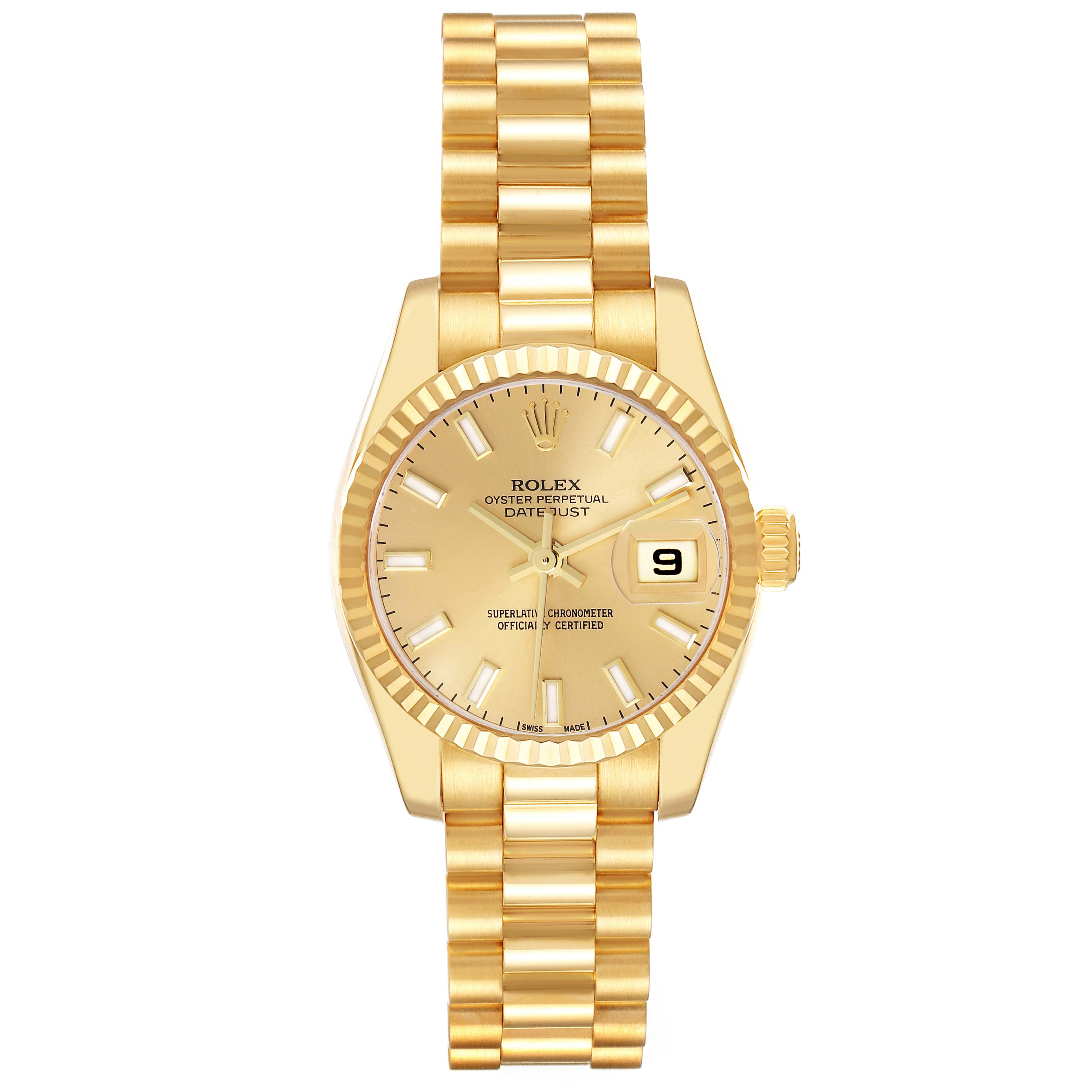 The Rolex President 179178 Women
s Yellow Gold Champagne Dial 179178 Women
s Yellow Gold Champagne Dial model is shown from a top view, displaying the watch face, bracelet, and date window.