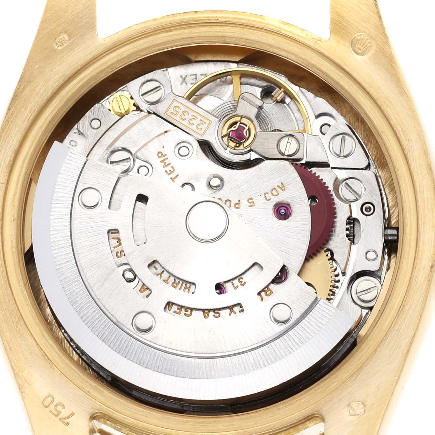 The image shows the movement of a Rolex President 179178 Women
s Yellow Gold Champagne Dial 179178 Women
s Yellow Gold Champagne Dial model watch from a top-down angle, displaying its mechanical components.