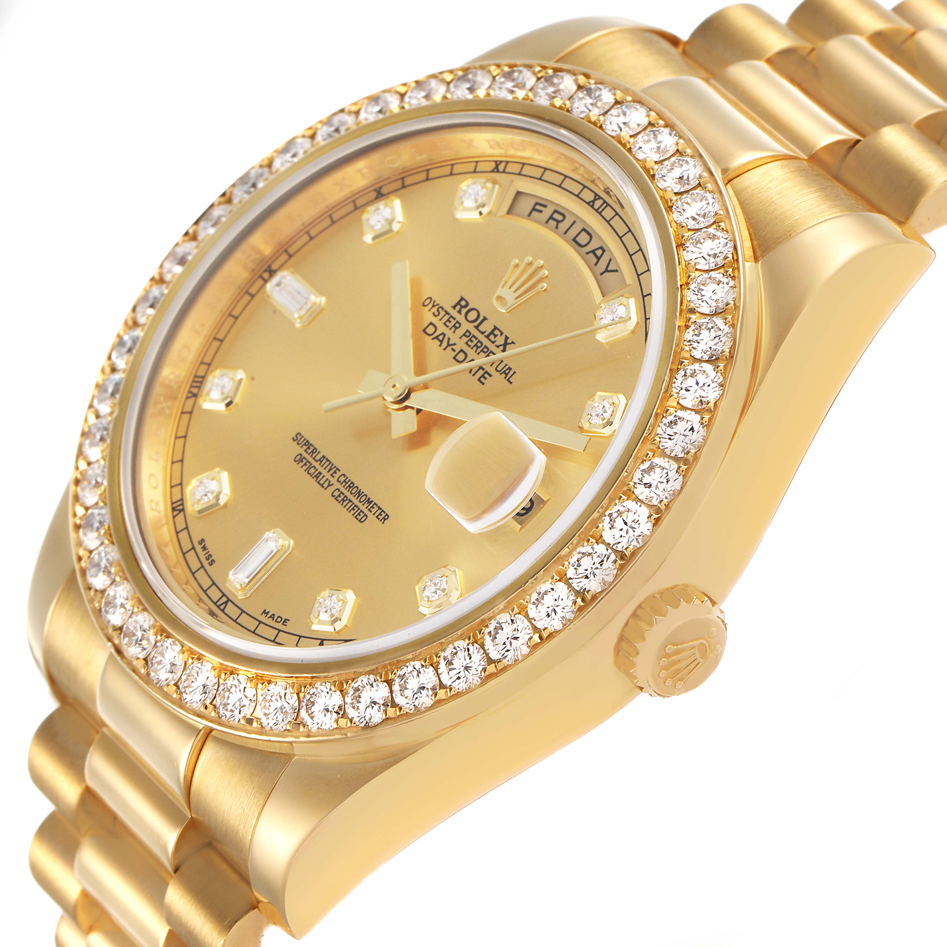 The image shows a side angle of the Rolex President 218348 Men's Yellow Gold Champagne Dial watch, highlighting its diamond-encrusted bezel, gold dial, and bracelet.