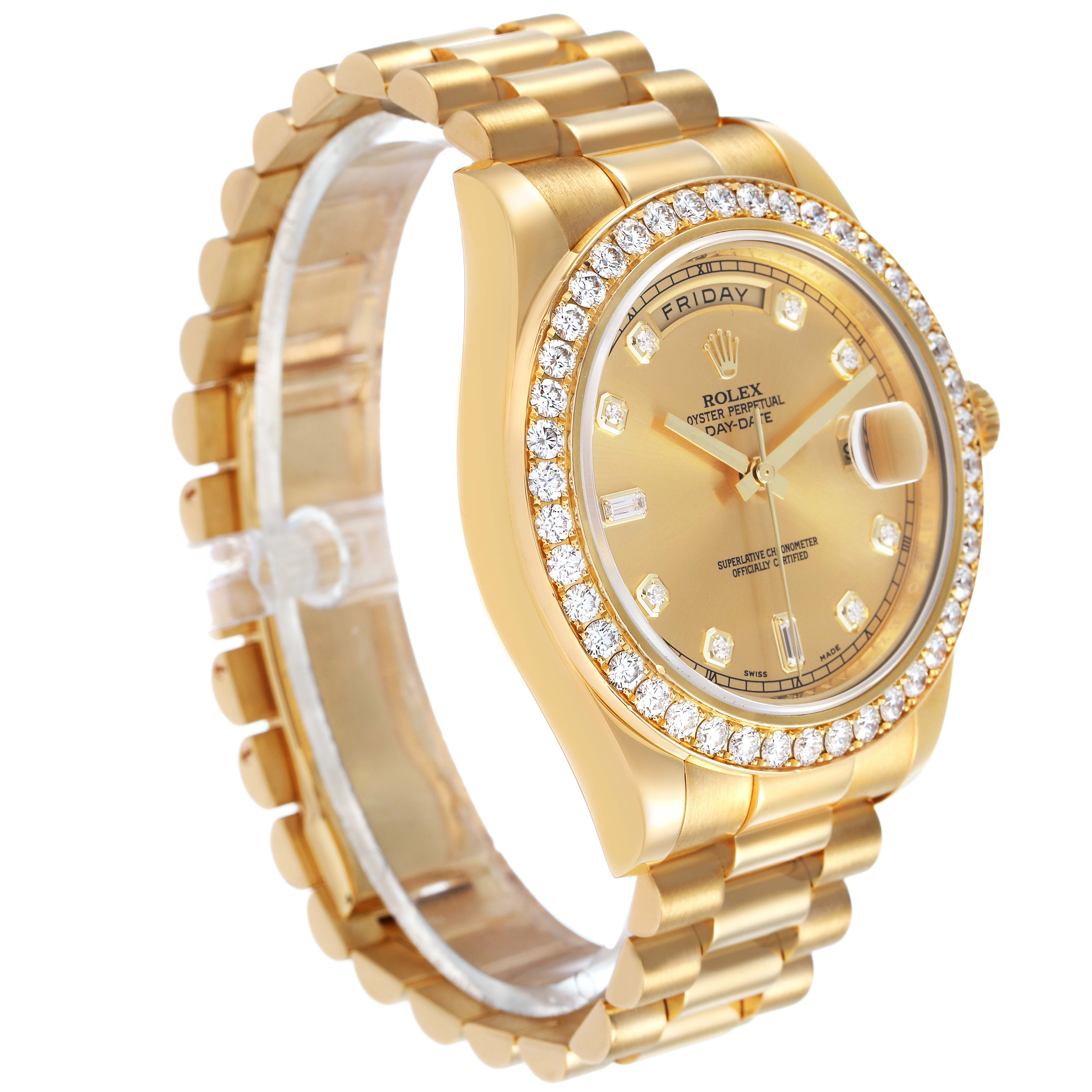 The Rolex President 218348 Men's Yellow Gold Champagne Dial watch is shown at an angled side view, highlighting the gold case, bracelet, and diamond bezel.