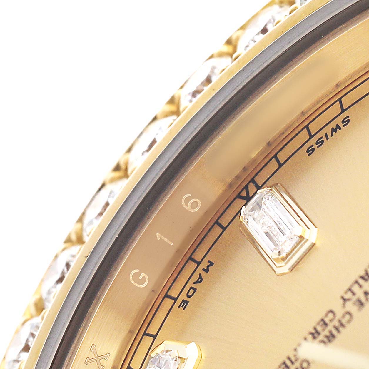 The image shows a close-up of the dial rim and bezel with diamonds of the Rolex President 218348 Men's Yellow Gold Champagne Dial model.