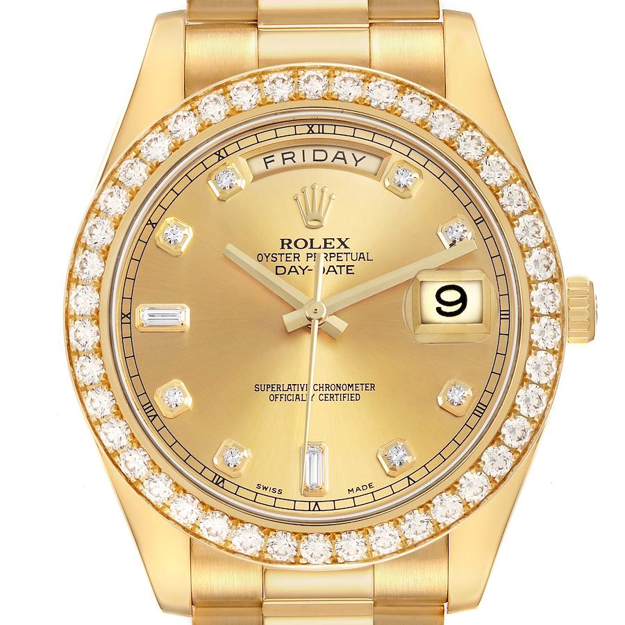 The Rolex President 218348 Men's Yellow Gold Champagne Dial model watch is shown from a top-down angle, featuring a gold dial, diamond markers, and bezel.