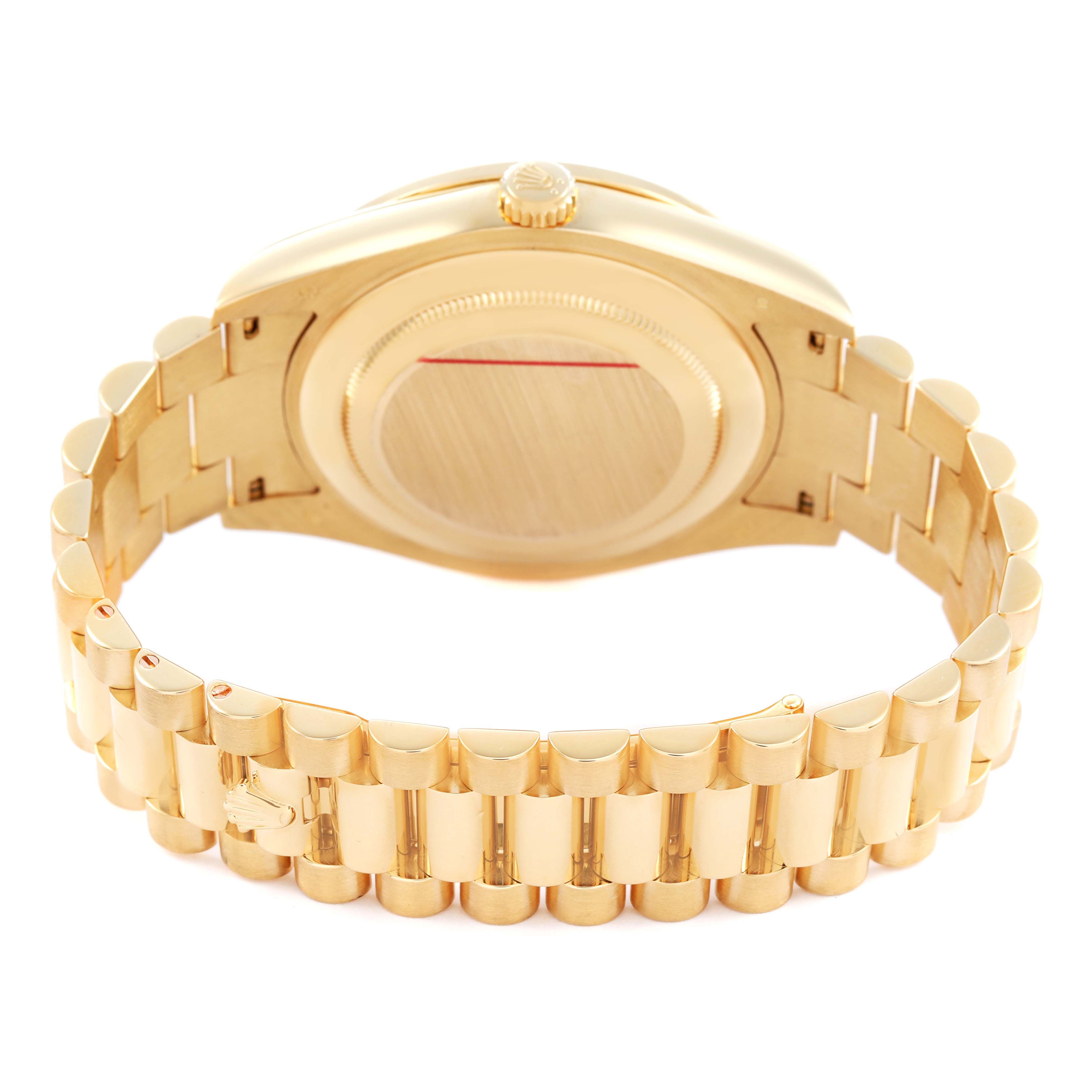 The image shows the back view of a Rolex President 218348 Men's Yellow Gold Champagne Dial model, highlighting the case back and gold bracelet.