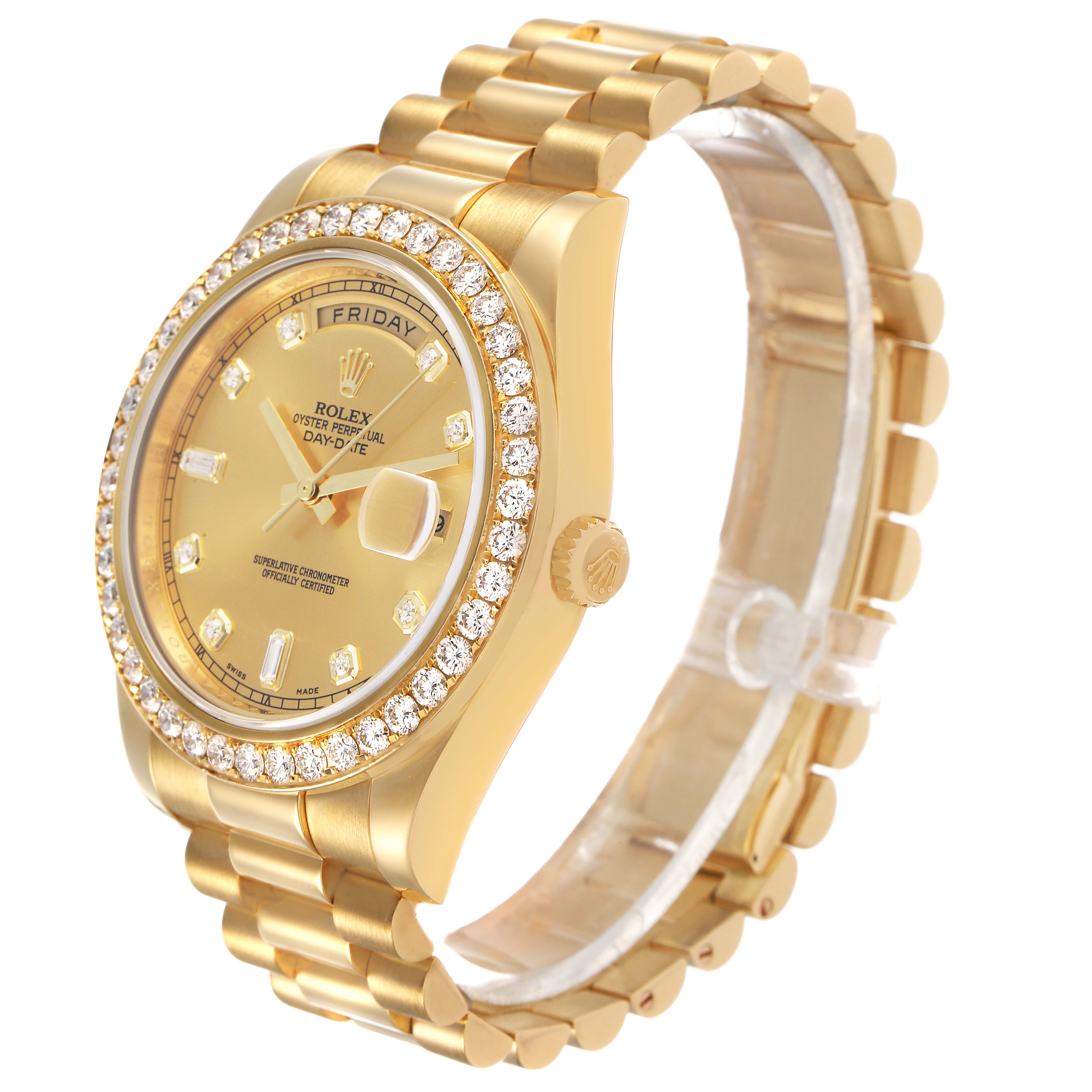 The Rolex President 218348 Men's Yellow Gold Champagne Dial model watch is shown from a three-quarter angle, highlighting the dial, bezel, and bracelet.