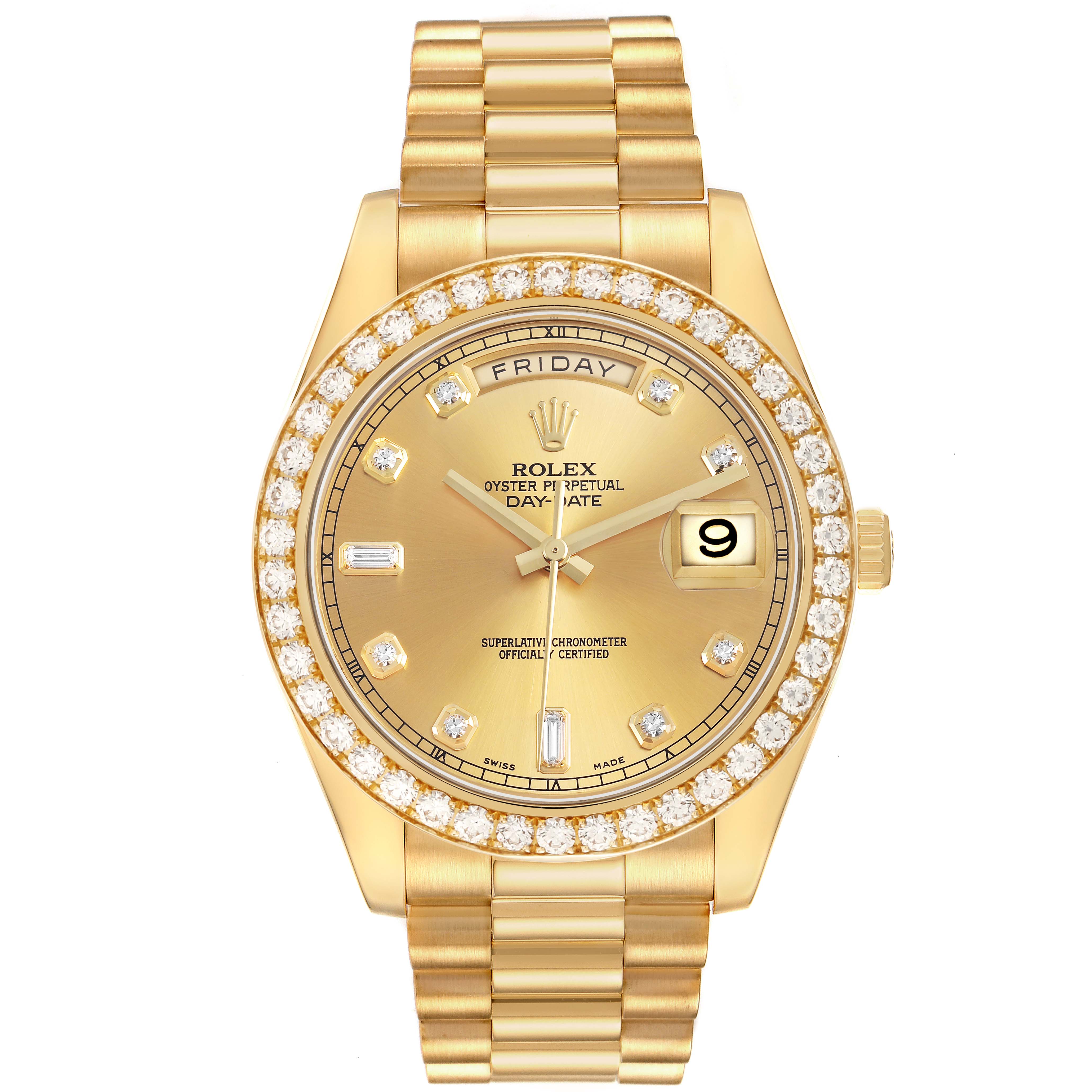 The Rolex President 218348 Men's Yellow Gold Champagne Dial model watch is shown from the front, displaying the dial, bezel, and part of the bracelet.