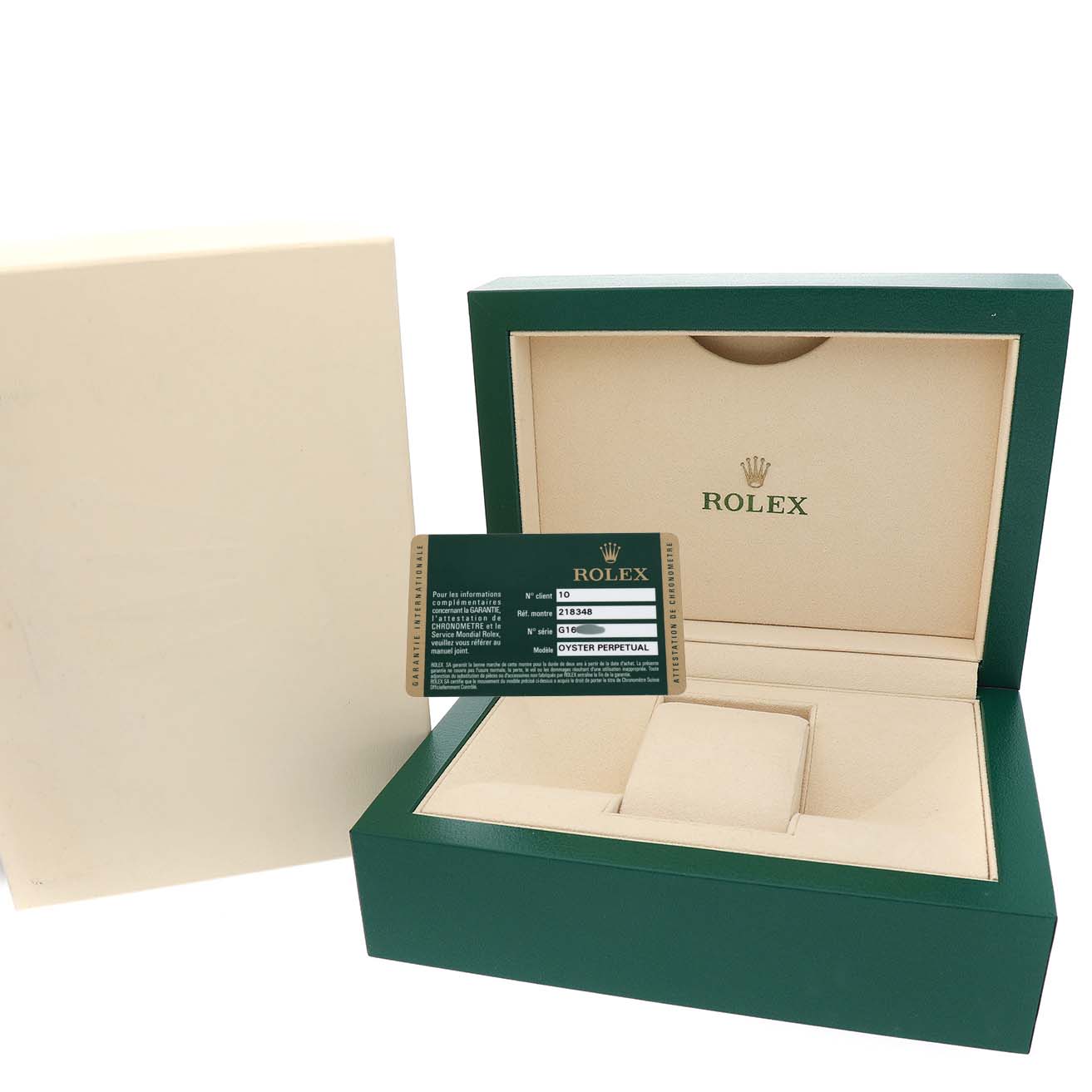 The image shows the open box of a Rolex President 218348 Men's Yellow Gold Champagne Dial, with an authentication card outside.