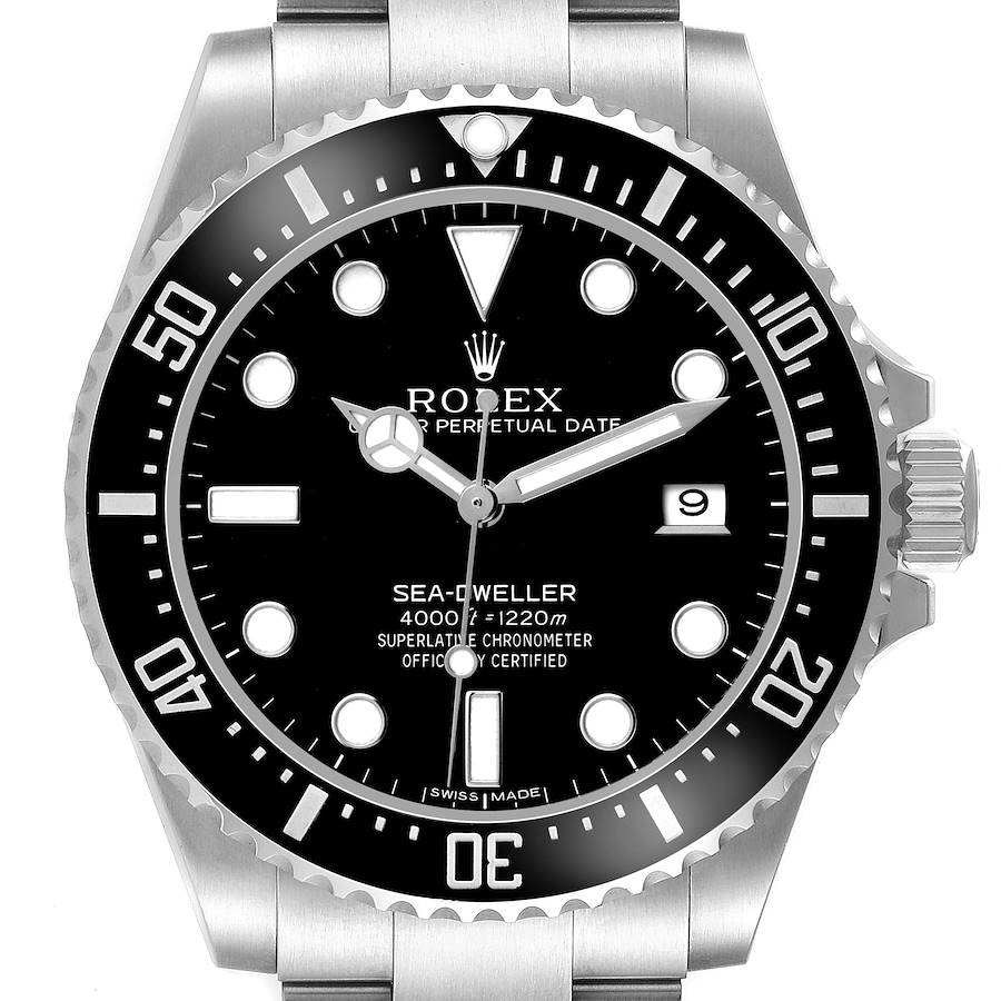The image shows a front view of the Rolex Sea-Dweller 116600 Men's Stainless Steel Black Dial watch, highlighting the dial, bezel, and crown.