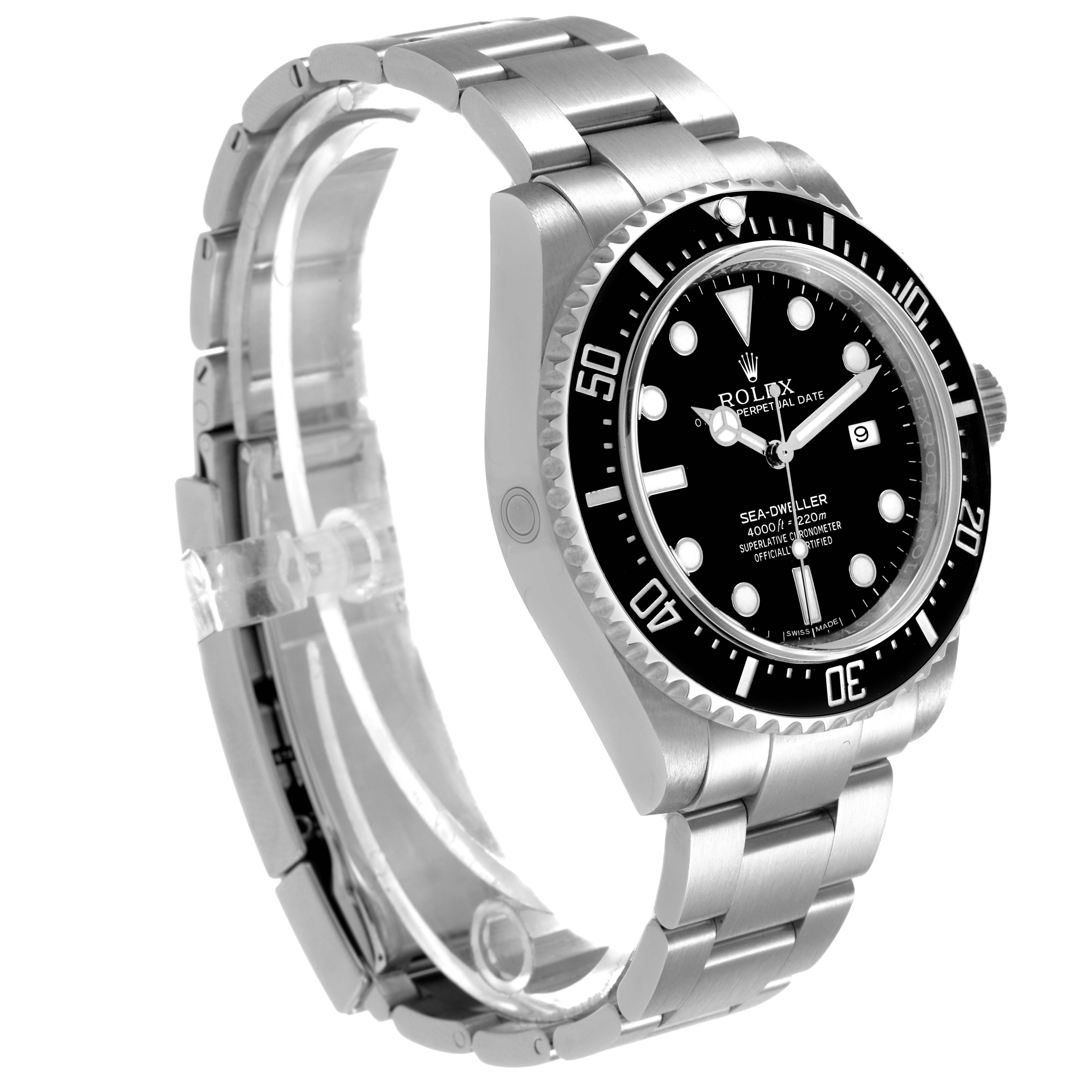 The Rolex Sea-Dweller 116600 Men's Stainless Steel Black Dial watch is shown at an oblique angle, displaying the dial, bezel, and bracelet.