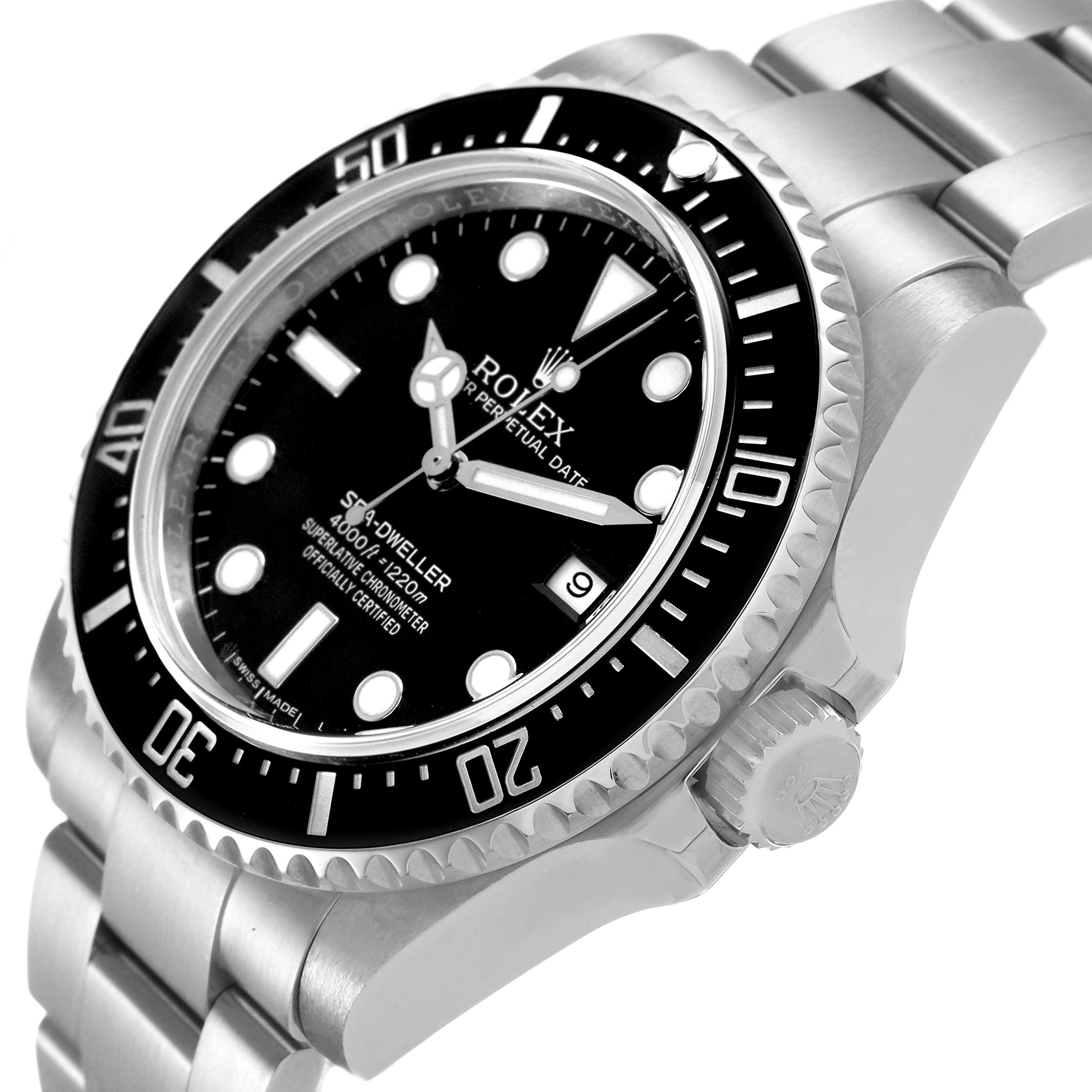 The Rolex Sea-Dweller 116600 Men's Stainless Steel Black Dial watch is shown at a slight side angle focusing on the bezel, dial, and bracelet.