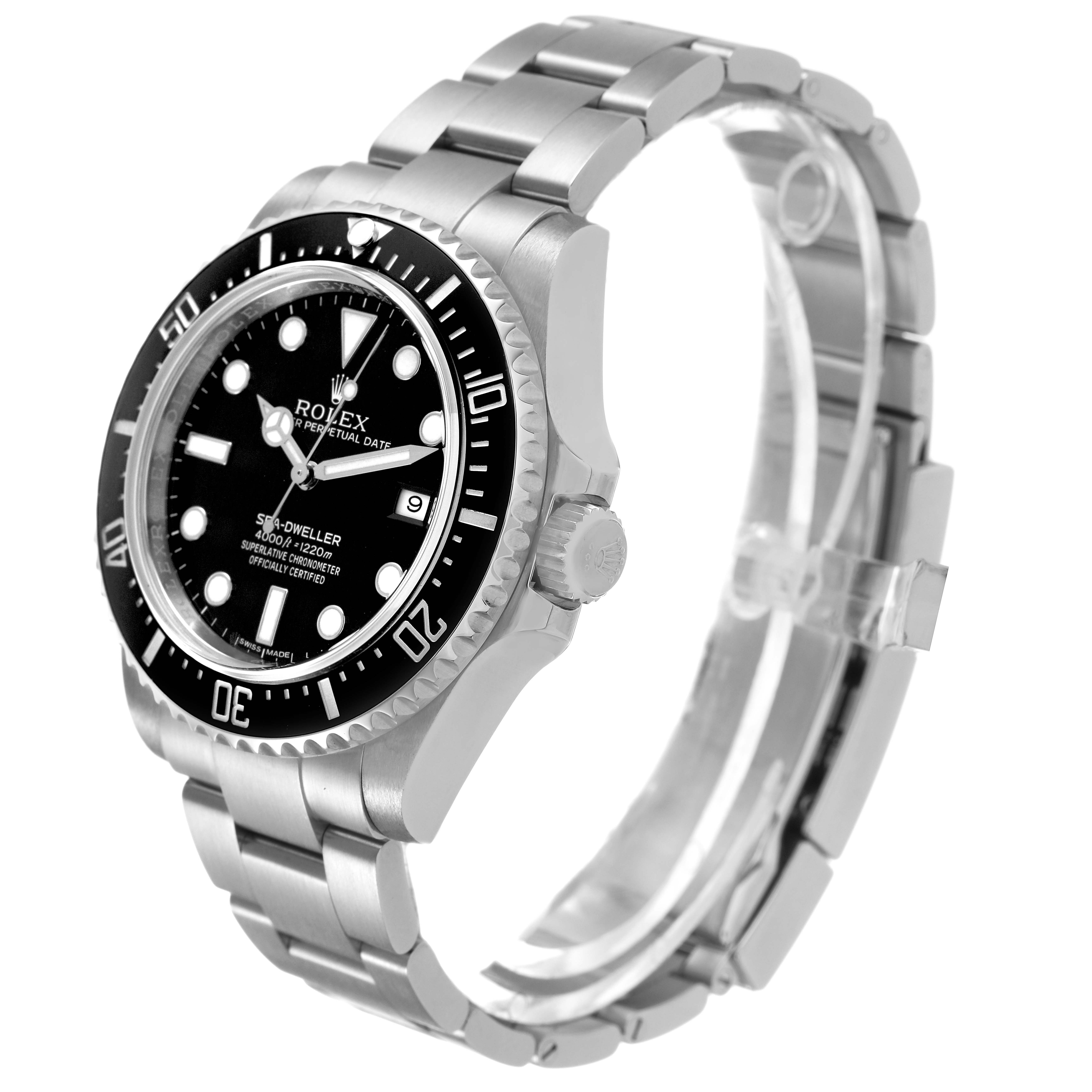 The Rolex Sea-Dweller 116600 Men's Stainless Steel Black Dial watch is shown at a three-quarter angle, highlighting the face, bezel, crown, and bracelet.