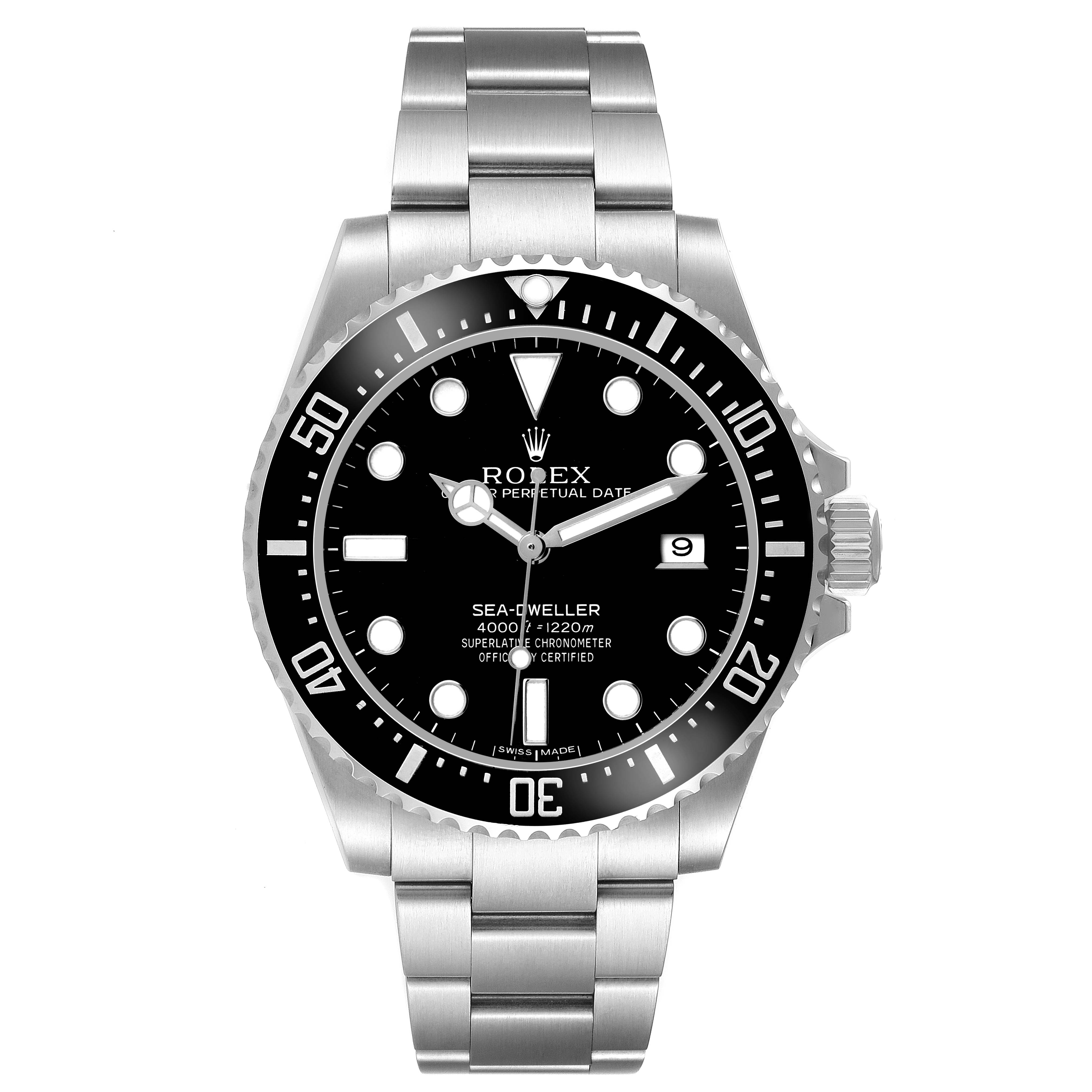 The Rolex Sea-Dweller 116600 Men's Stainless Steel Black Dial watch is shown from a front angle, displaying the dial, bezel, bracelet, and crown clearly.
