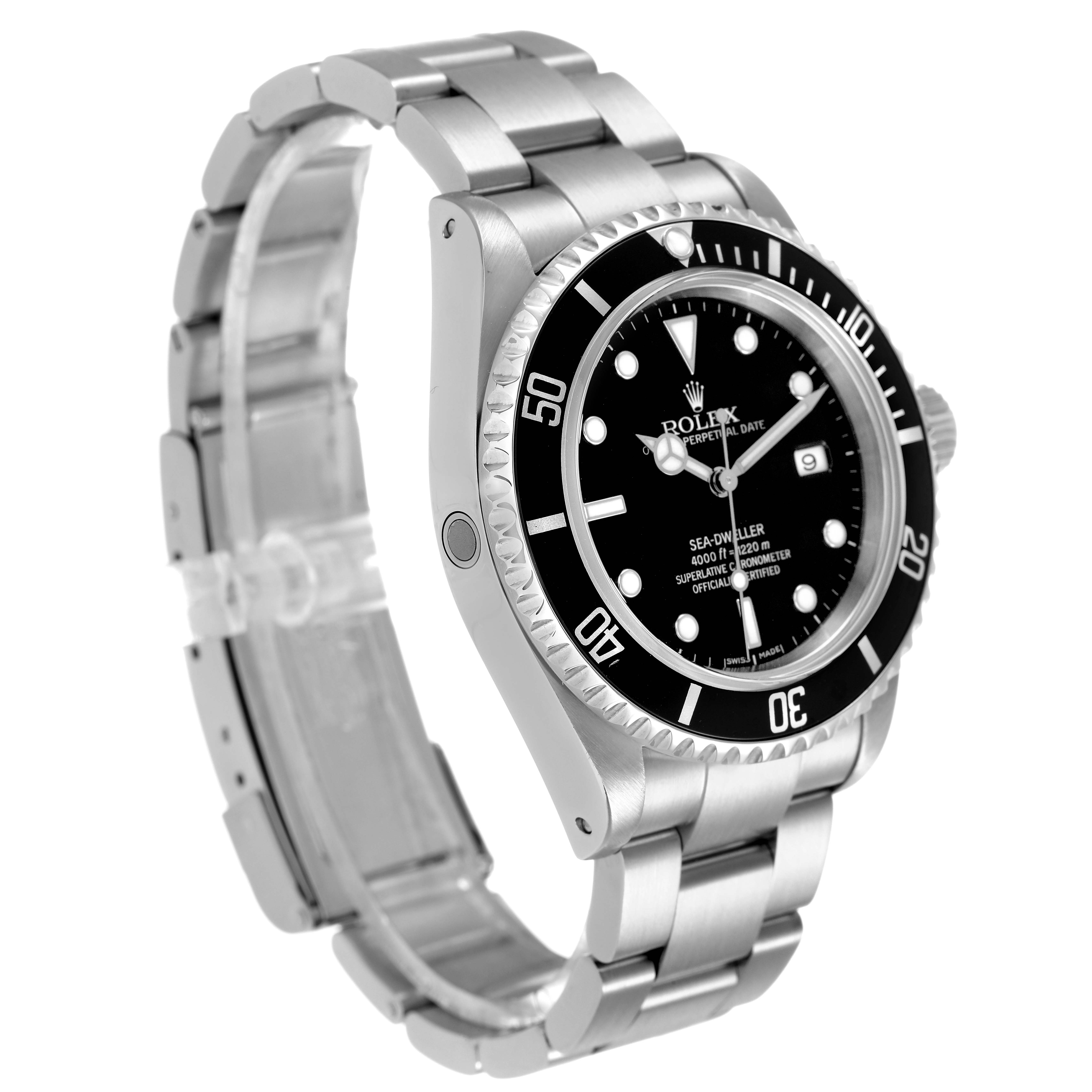 The Rolex Sea-Dweller 16600 Men's Stainless Steel Black Dial watch is shown from a front-left angle, highlighting the bezel, dial, and bracelet.