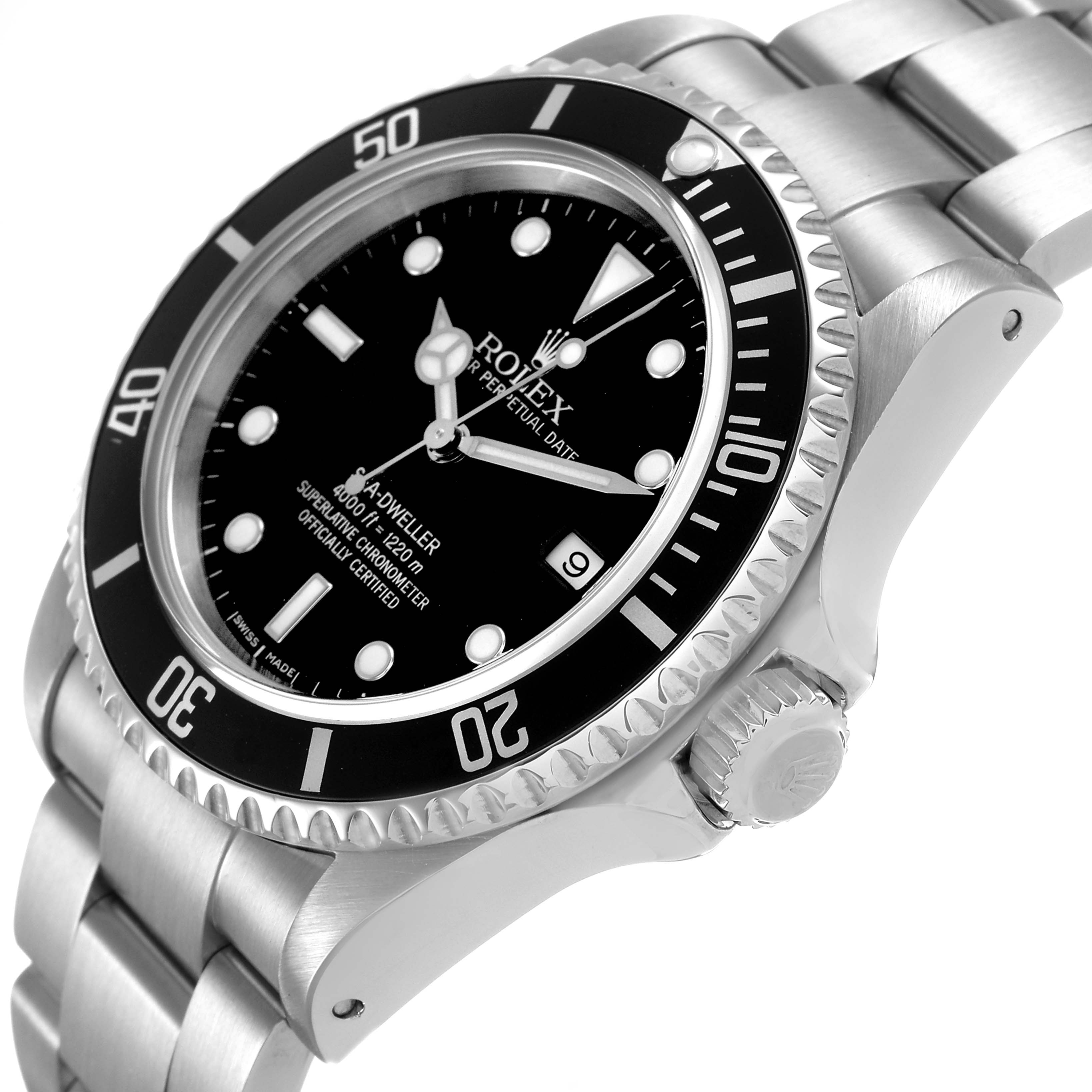 The Rolex Sea-Dweller 16600 Men's Stainless Steel Black Dial watch is shown at a three-quarter angle, highlighting the dial, bezel, crown, and part of the bracelet.