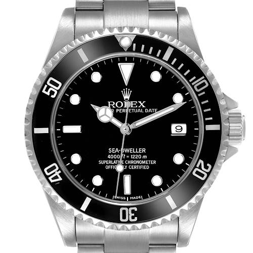 The Rolex Sea-Dweller 16600 Mens Stainless Steel Black Dial watch is shown from a front angle, highlighting its dial, bezel, and stainless steel bracelet.