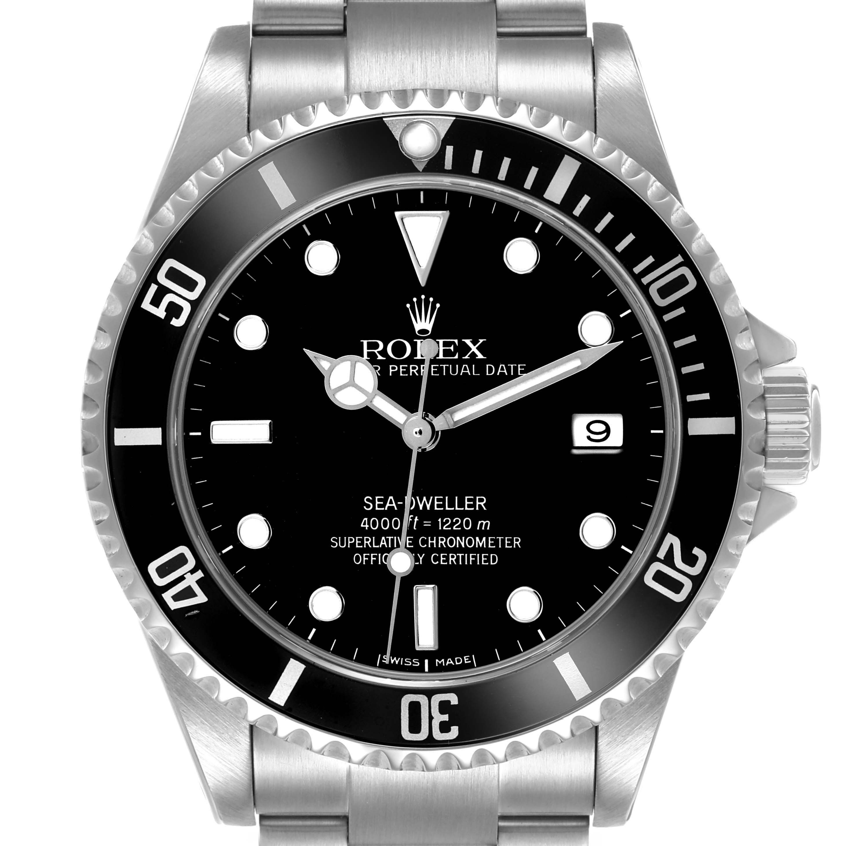The Rolex Sea-Dweller 16600 Men's Stainless Steel Black Dial is shown from the front, displaying the dial, bezel, crown, and part of the bracelet.