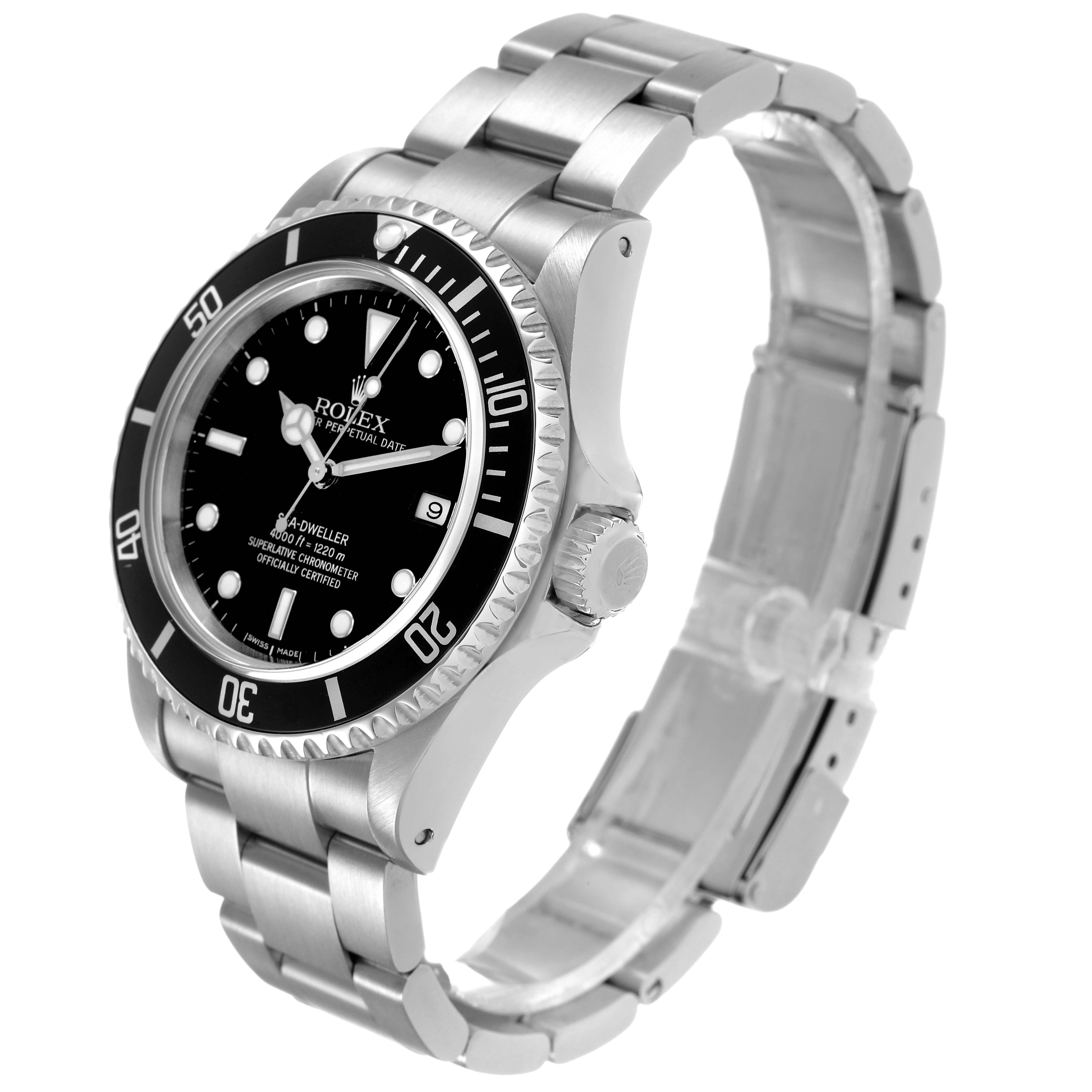 The Rolex Sea-Dweller 16600 Men's Stainless Steel Black Dial watch is shown at a 3/4 angle, highlighting the bezel, dial, crown, and stainless steel bracelet.