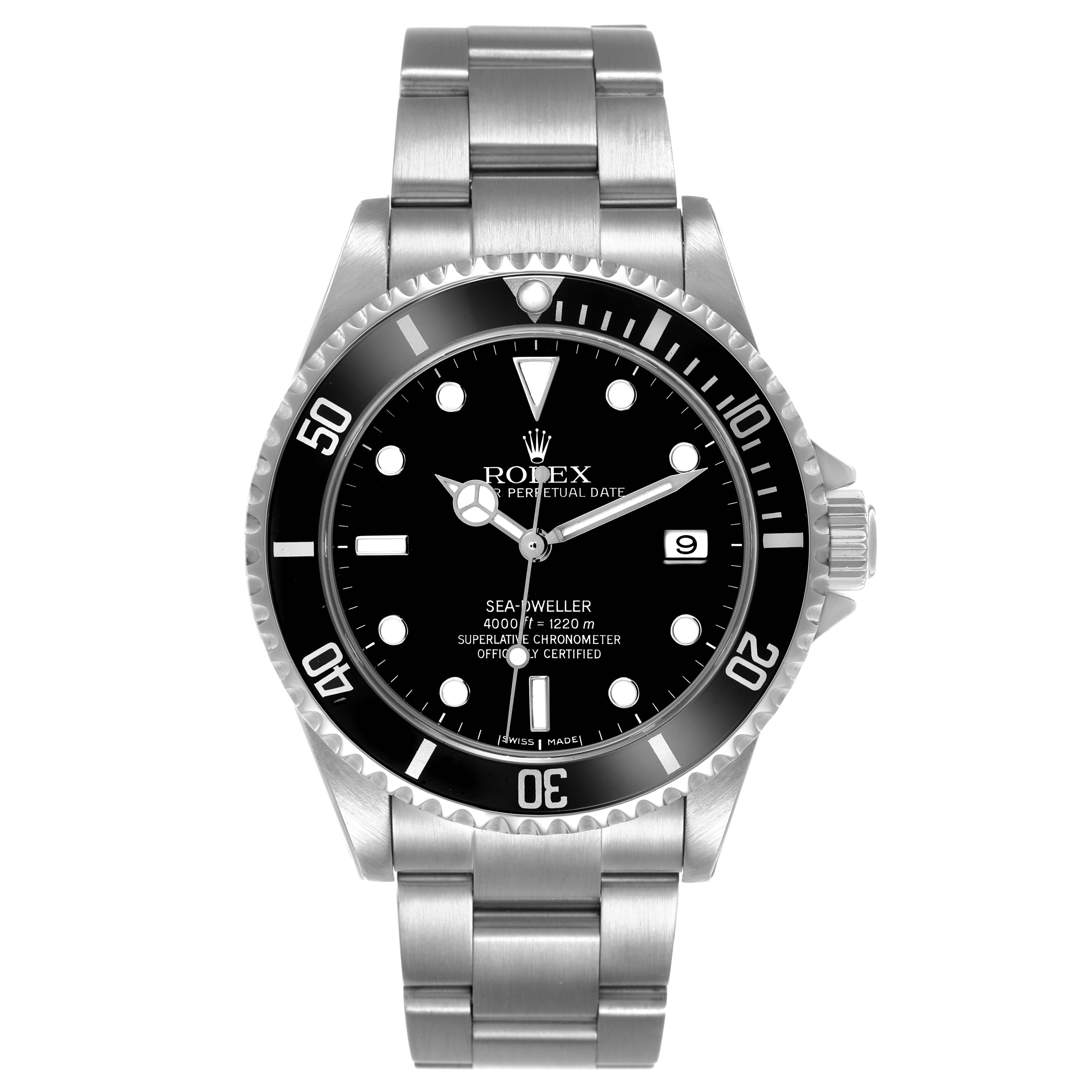 The Rolex Sea-Dweller 16600 Men's Stainless Steel Black Dial is shown from a front angle, highlighting the dial, bezel, and bracelet.
