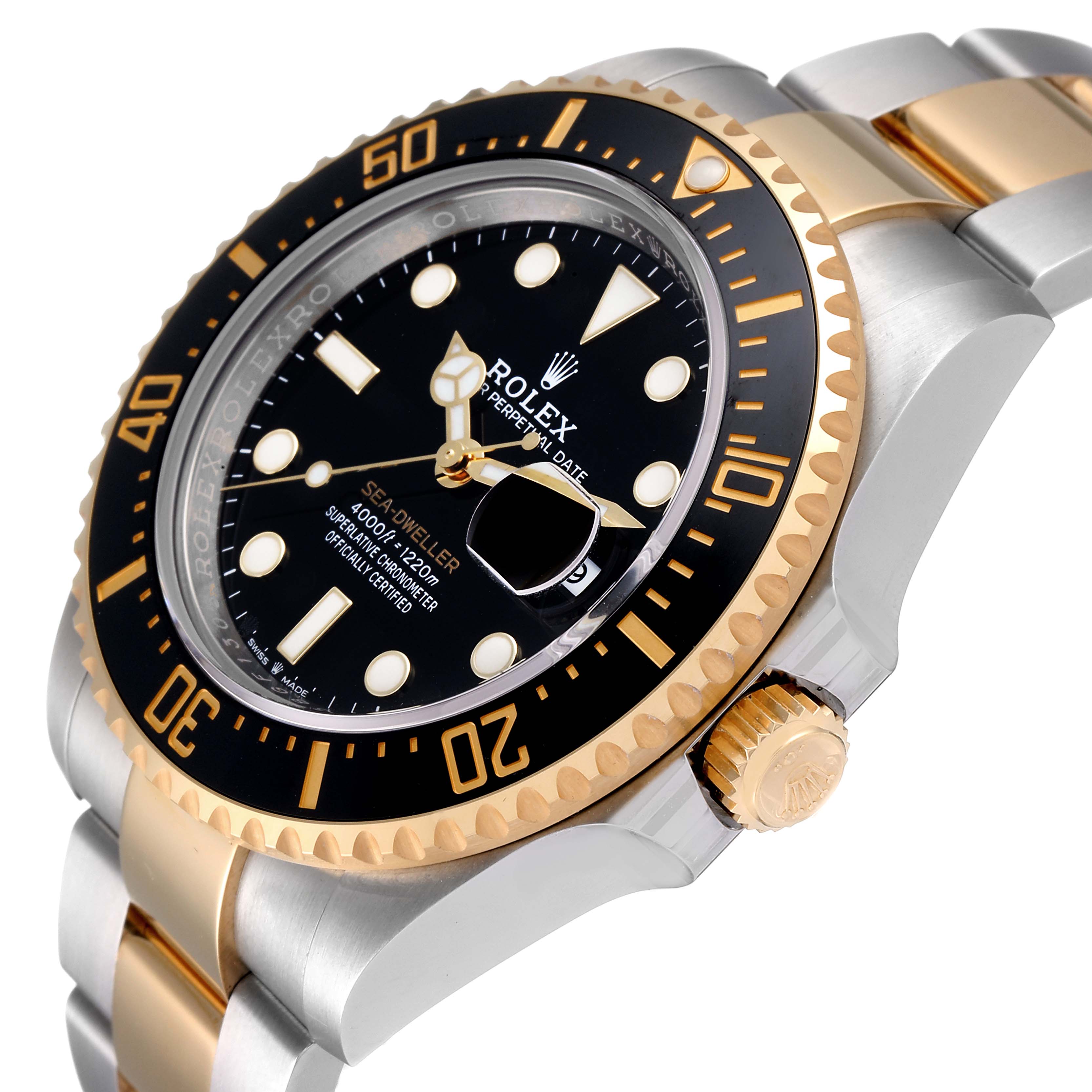 The image shows a close-up side angle of the Rolex Sea-Dweller 126603 Men
s Steel and Gold (two tone) Black Dial 126603 Men
s Steel and Gold (two tone) Black Dial, highlighting the bezel, dial, and part of the bracelet.