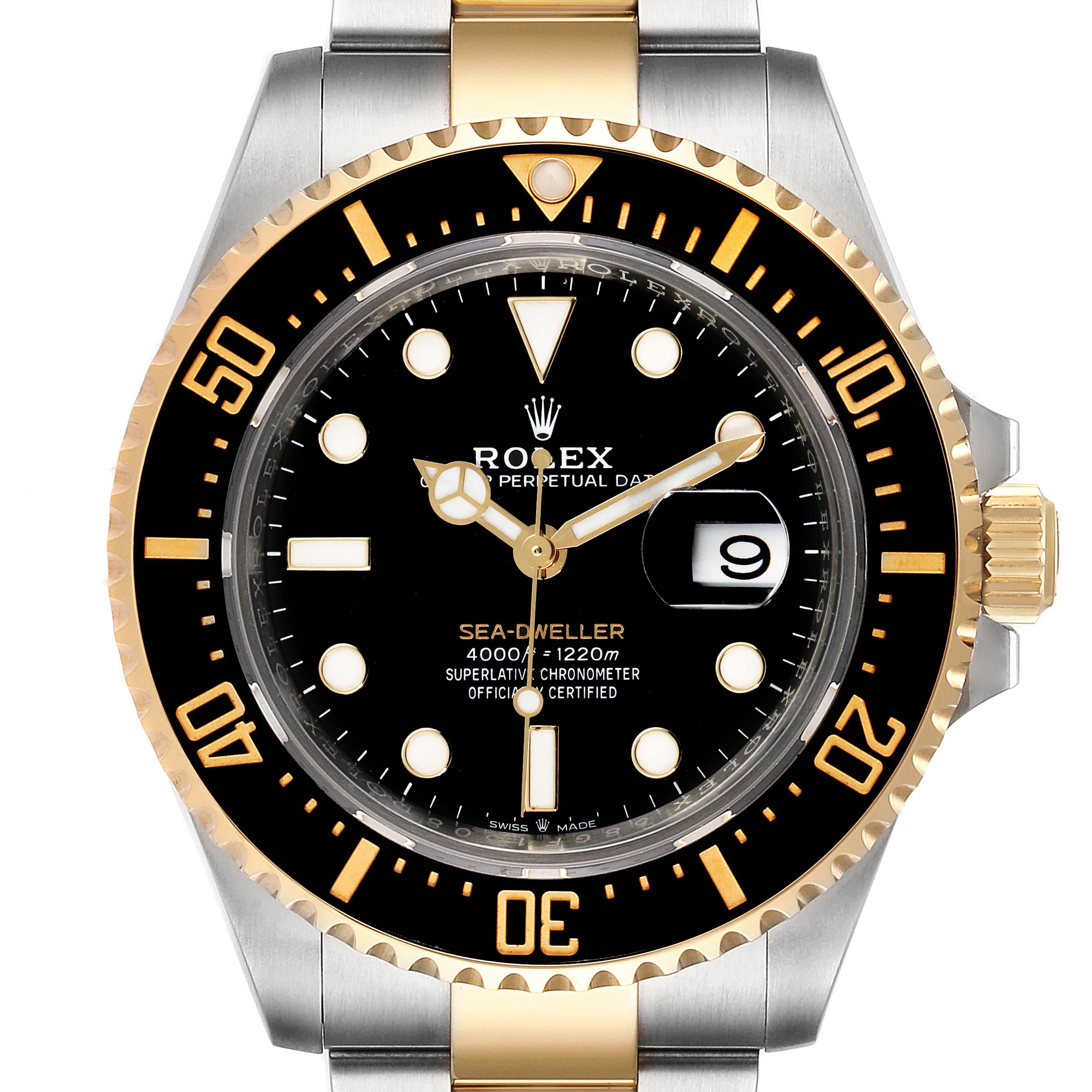 The Rolex Sea-Dweller 126603 Men
s Steel and Gold (two tone) Black Dial 126603 Men
s Steel and Gold (two tone) Black Dial watch is shown from a front angle, displaying its bezel, dial, hands, date window, and part of the bracelet.