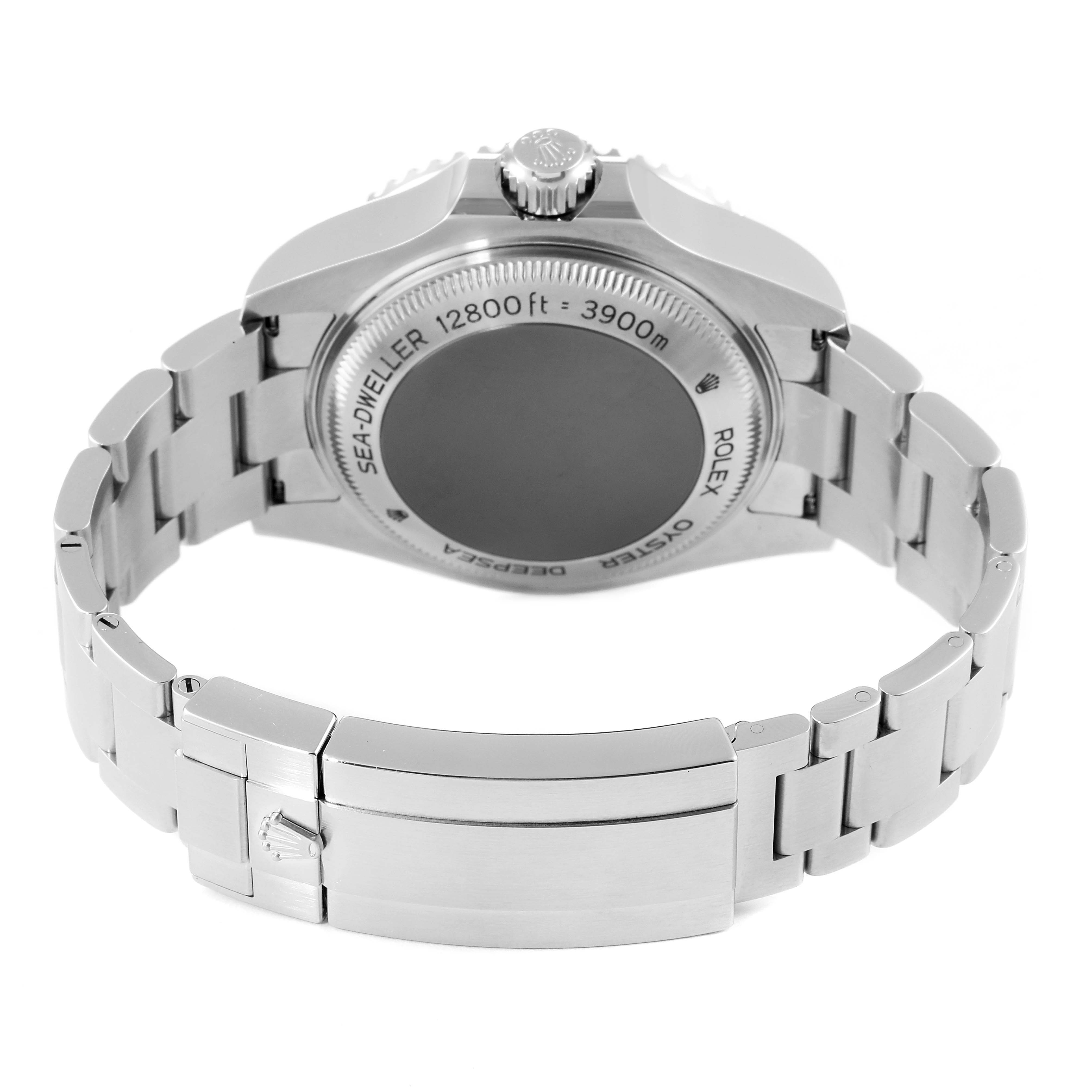 The image shows the back view of the Rolex Sea-Dweller 2019 Men
s Stainless Steel Blue Dial 2019 Men
s Stainless Steel Blue Dial watch, highlighting the case back and the bracelet with its clasp.