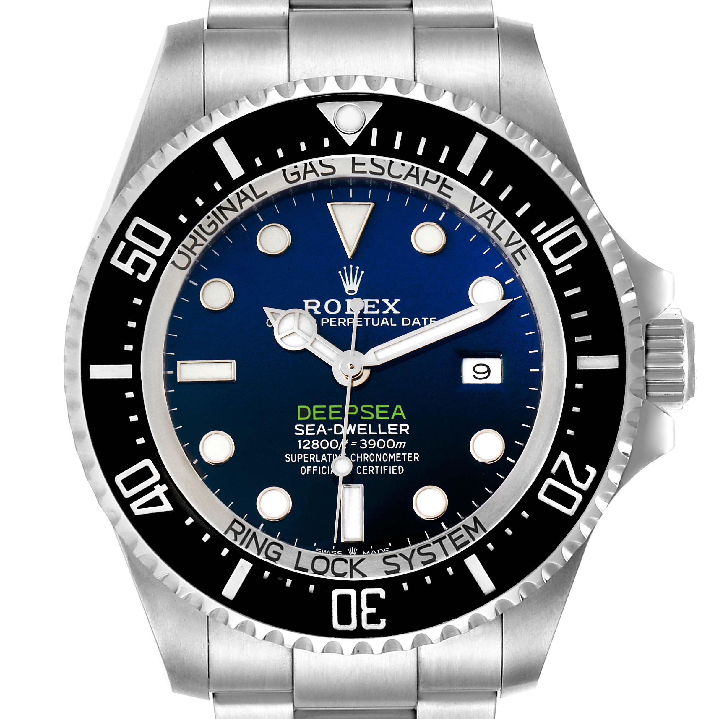 This image shows a full frontal view of the Rolex Sea-Dweller 2019 Men
s Stainless Steel Blue Dial 2019 Men
s Stainless Steel Blue Dial Deepsea model watch, highlighting the dial, bezel, and bracelet.