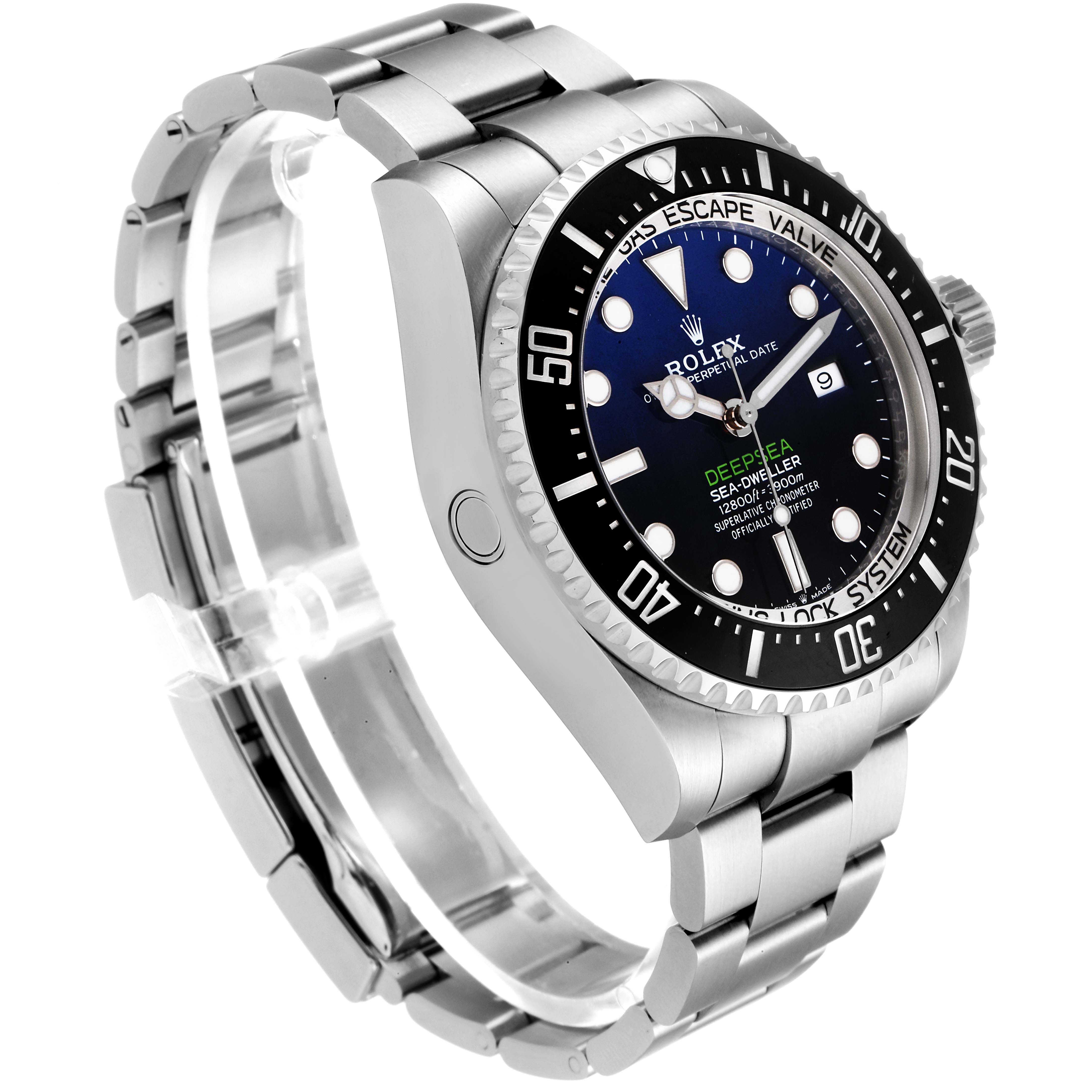 The image shows a side and front view of the Rolex Sea-Dweller 2019 Men
s Stainless Steel Blue Dial 2019 Men
s Stainless Steel Blue Dial watch, highlighting the case, bracelet, and dial.