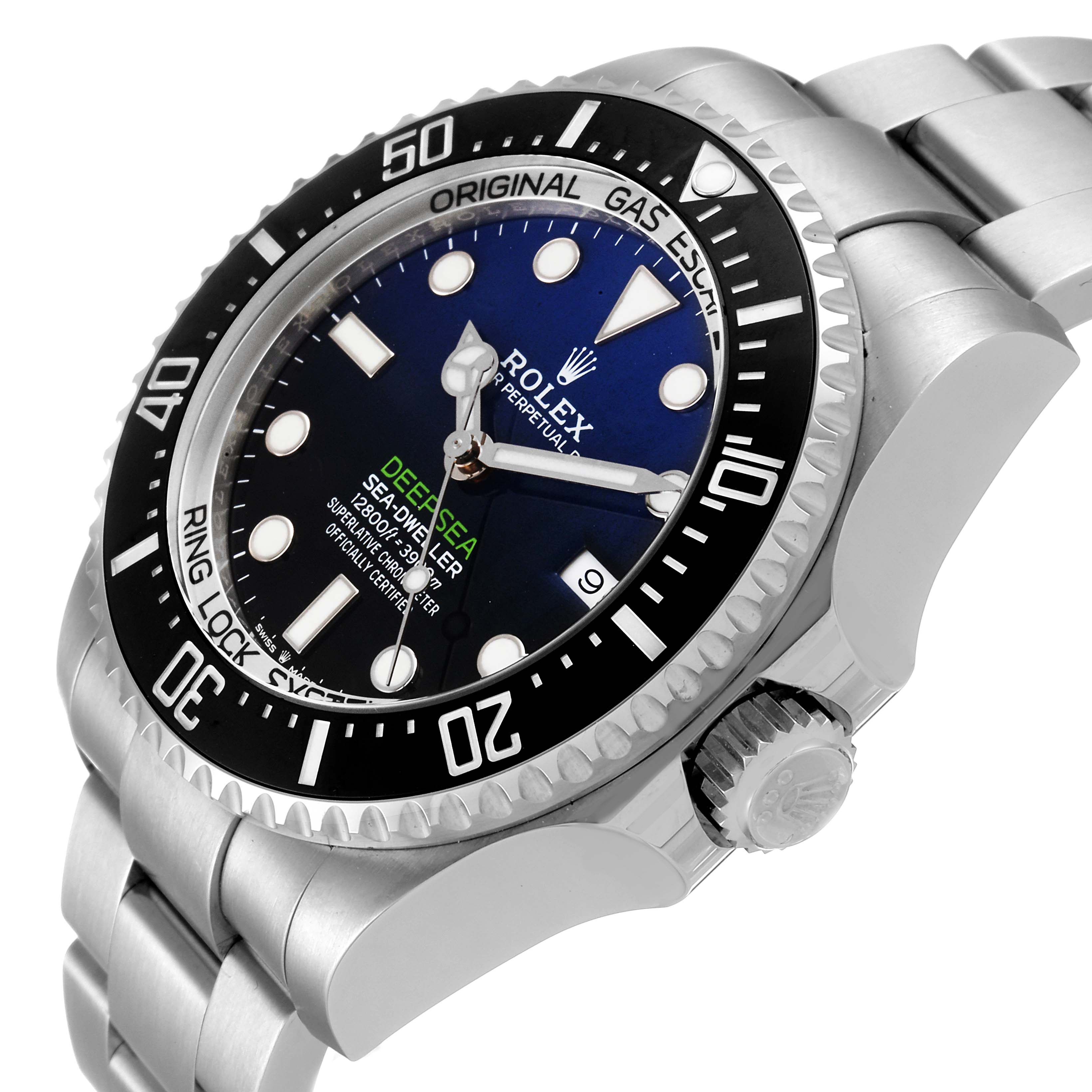 The image shows a close-up of the Rolex Sea-Dweller 2019 Men
s Stainless Steel Blue Dial 2019 Men
s Stainless Steel Blue Dial watch, highlighting the face, bezel, and crown from a side angle.
