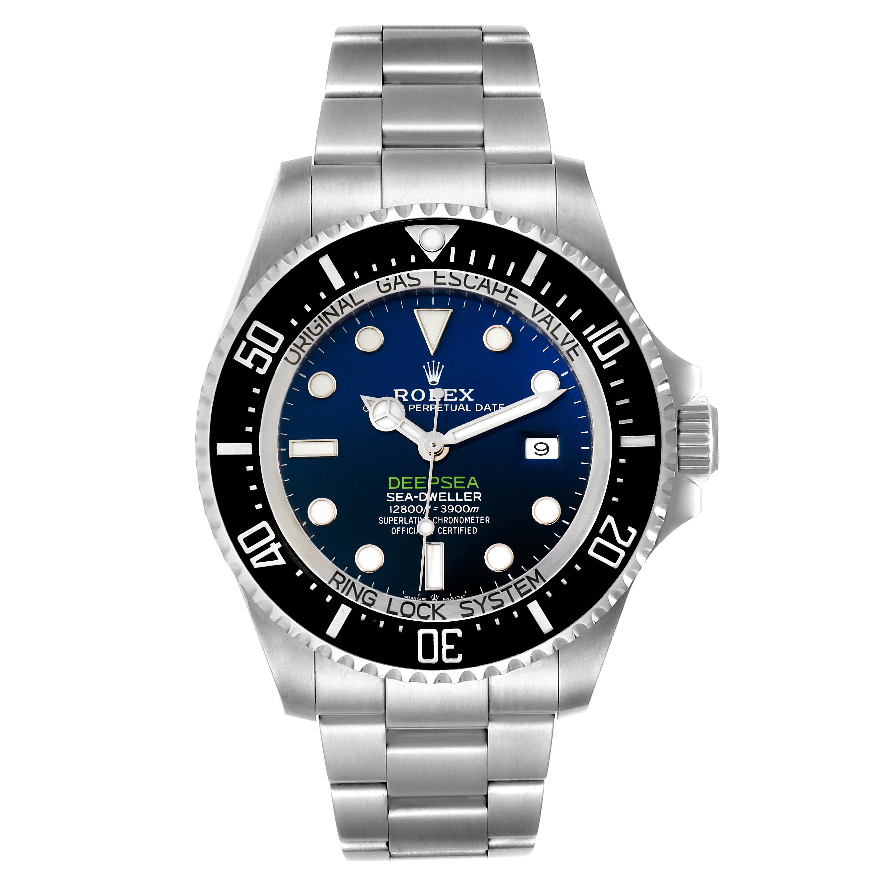The image shows a front view of the Rolex Sea-Dweller 2019 Men
s Stainless Steel Blue Dial 2019 Men
s Stainless Steel Blue Dial Deepsea watch, highlighting its dial, bezel, and bracelet.