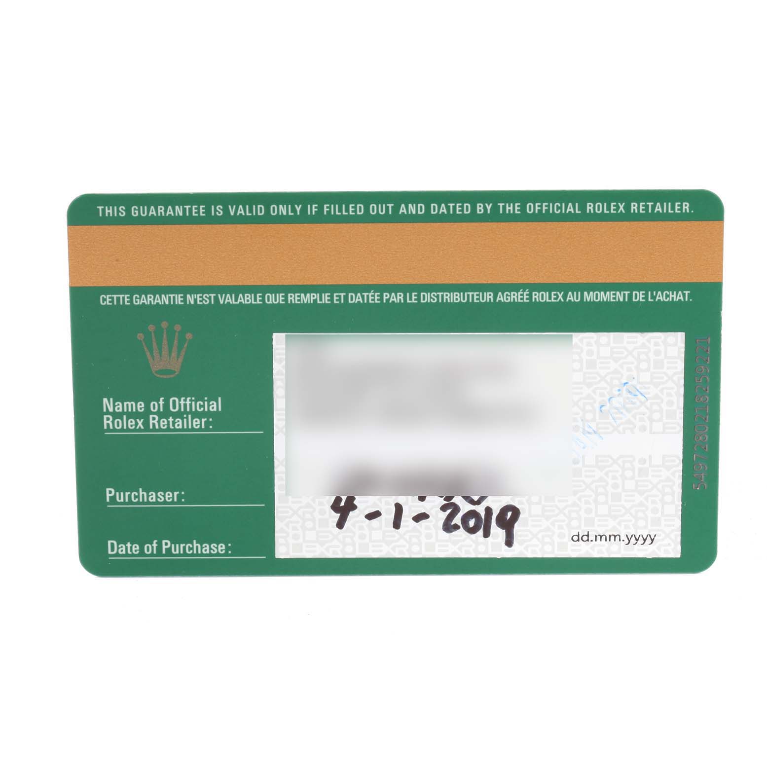 This image shows the warranty card for the Rolex Sea-Dweller 2019 Men
s Stainless Steel Blue Dial 2019 Men
s Stainless Steel Blue Dial watch model, including purchaser and purchase date details.