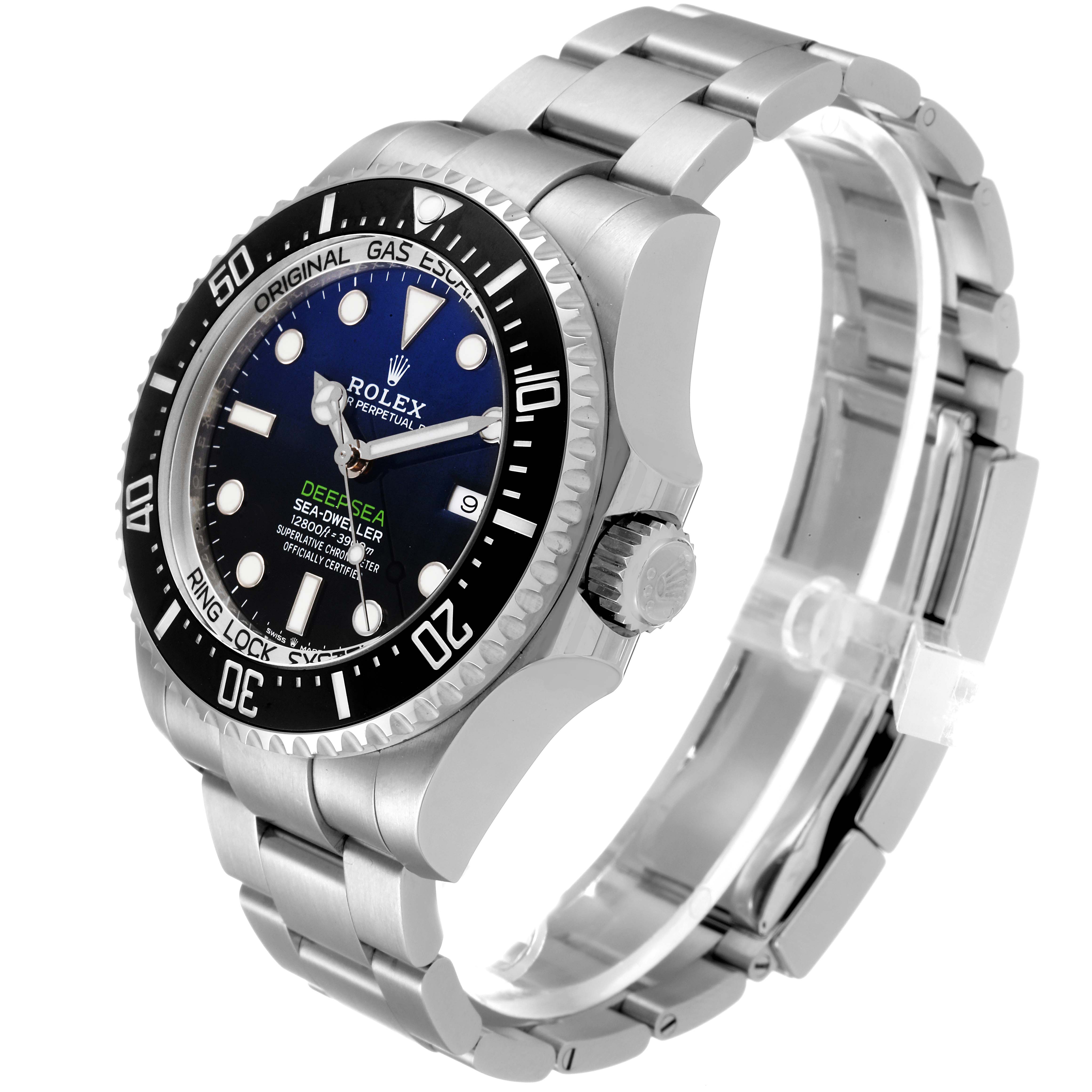The image shows a Rolex Sea-Dweller 2019 Men
s Stainless Steel Blue Dial 2019 Men
s Stainless Steel Blue Dial watch at a 45-degree angle, highlighting the face, bezel, and bracelet.