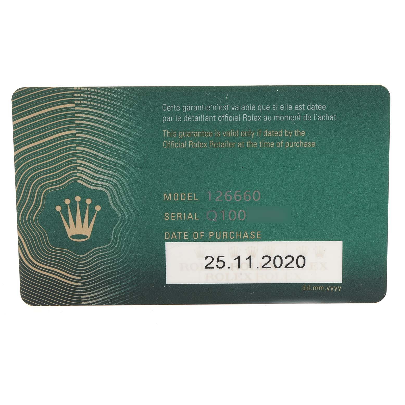 This image shows the warranty card for the Rolex Sea-Dweller 126660 Men
s Stainless Steel Blue Dial 126660 Men
s Stainless Steel Blue Dial model 126660.