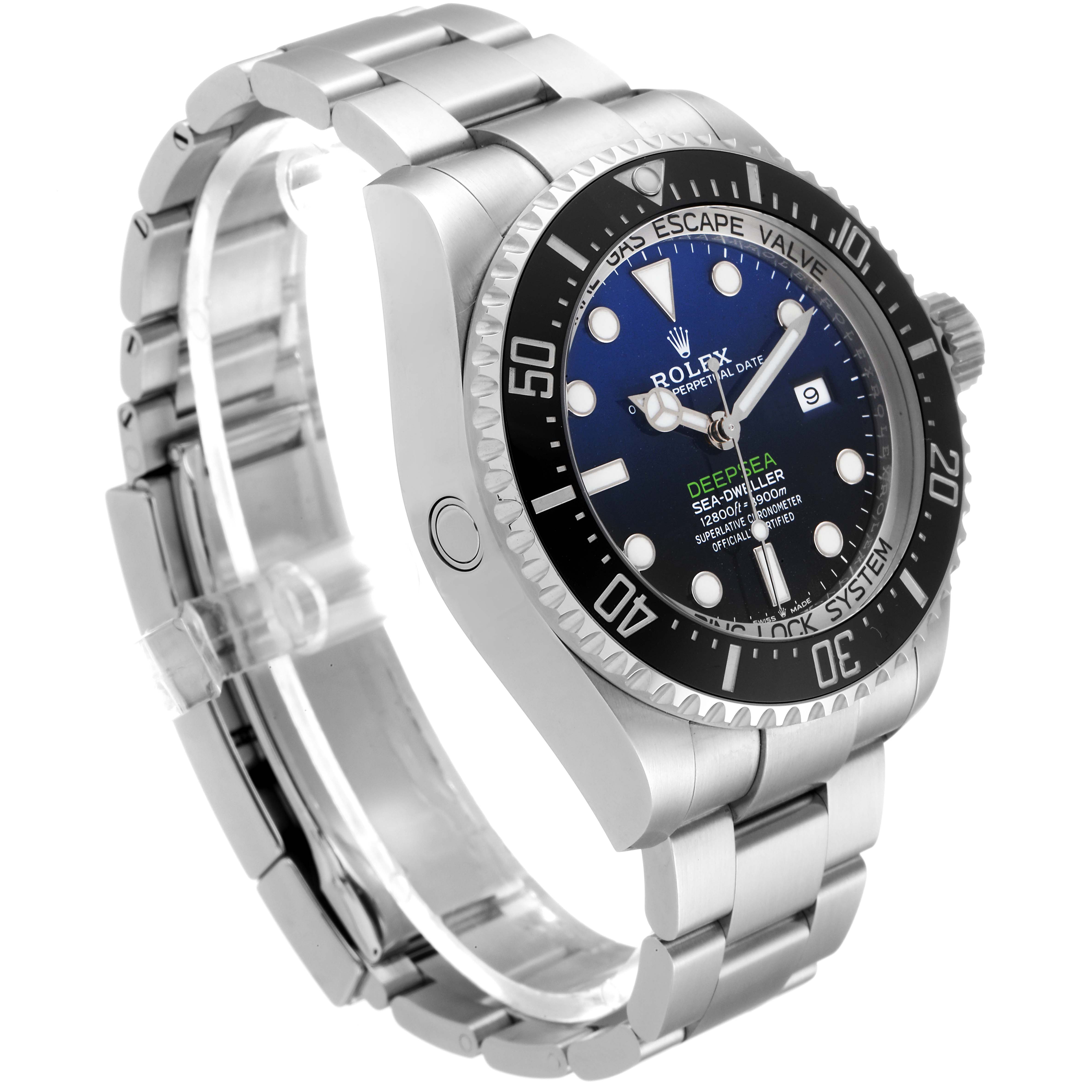 The image shows a side-front angle of the Rolex Sea-Dweller 126660 Men
s Stainless Steel Blue Dial 126660 Men
s Stainless Steel Blue Dial watch, highlighting the dial, bezel, crown, and bracelet.