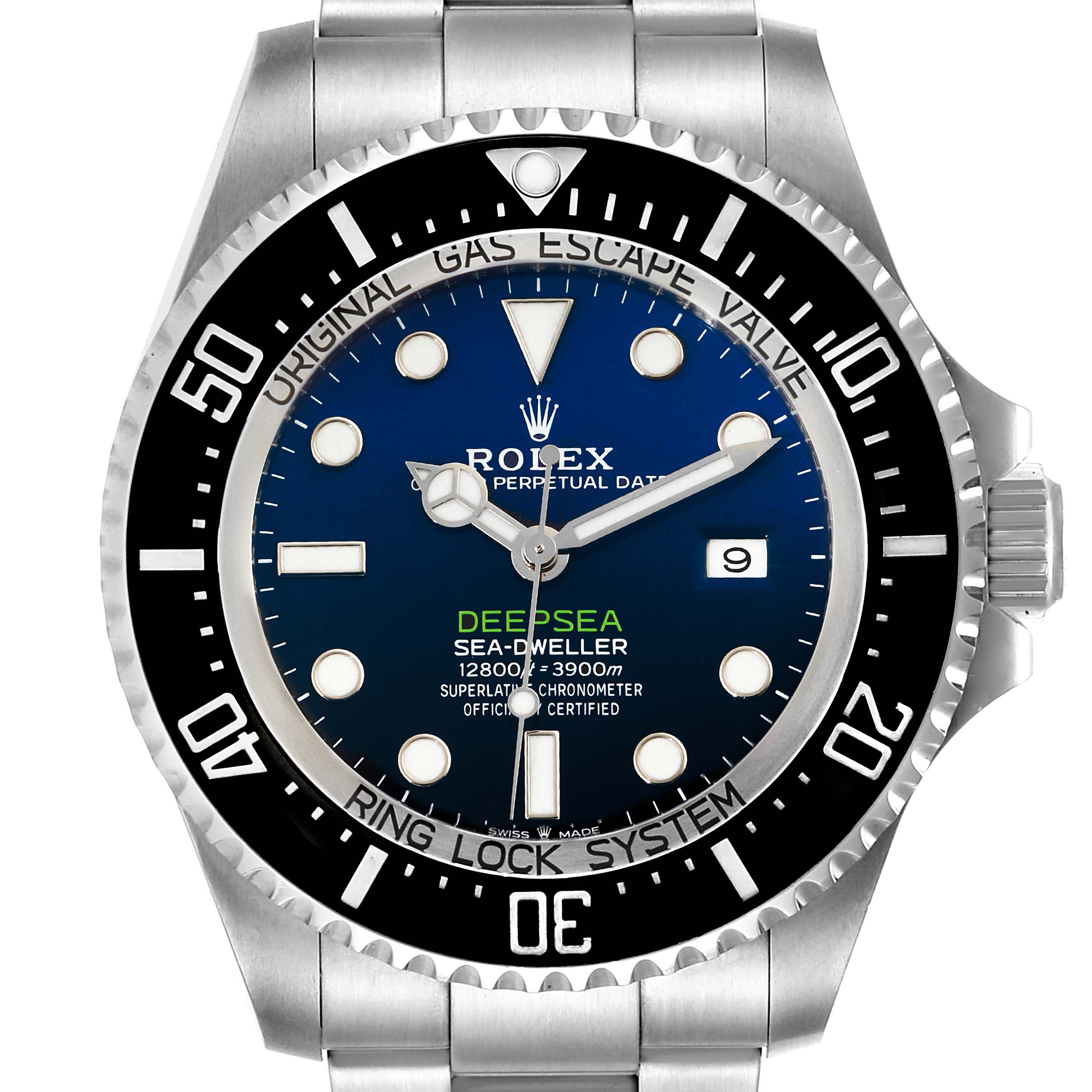 This image shows a front view of the Rolex Sea-Dweller 126660 Men
s Stainless Steel Blue Dial 126660 Men
s Stainless Steel Blue Dial watch, highlighting the dial, bezel, and part of the bracelet.