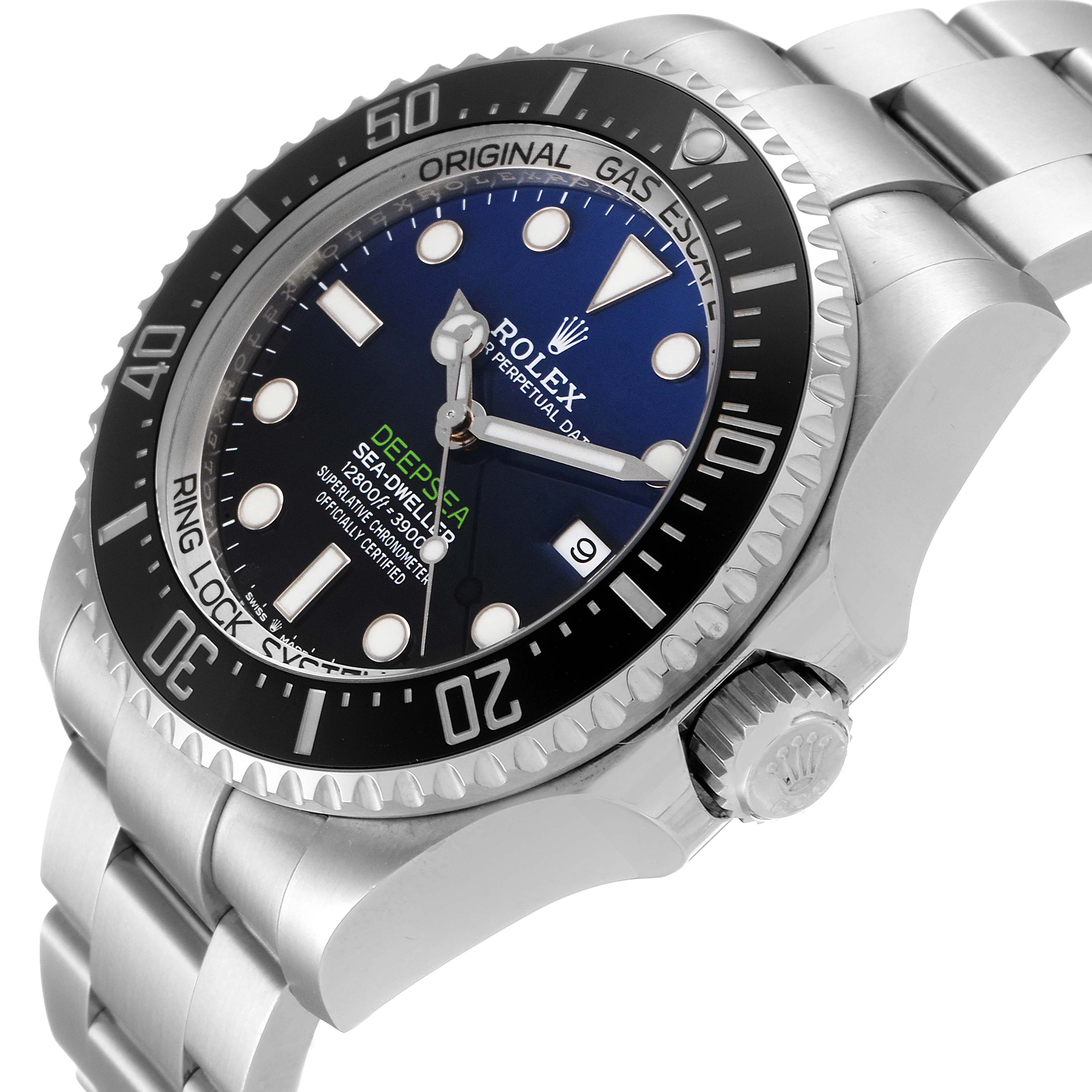 This is a side-angle view of the Rolex Sea-Dweller 126660 Men
s Stainless Steel Blue Dial 126660 Men
s Stainless Steel Blue Dial watch, showing the face, bezel, crown, and part of the bracelet.
