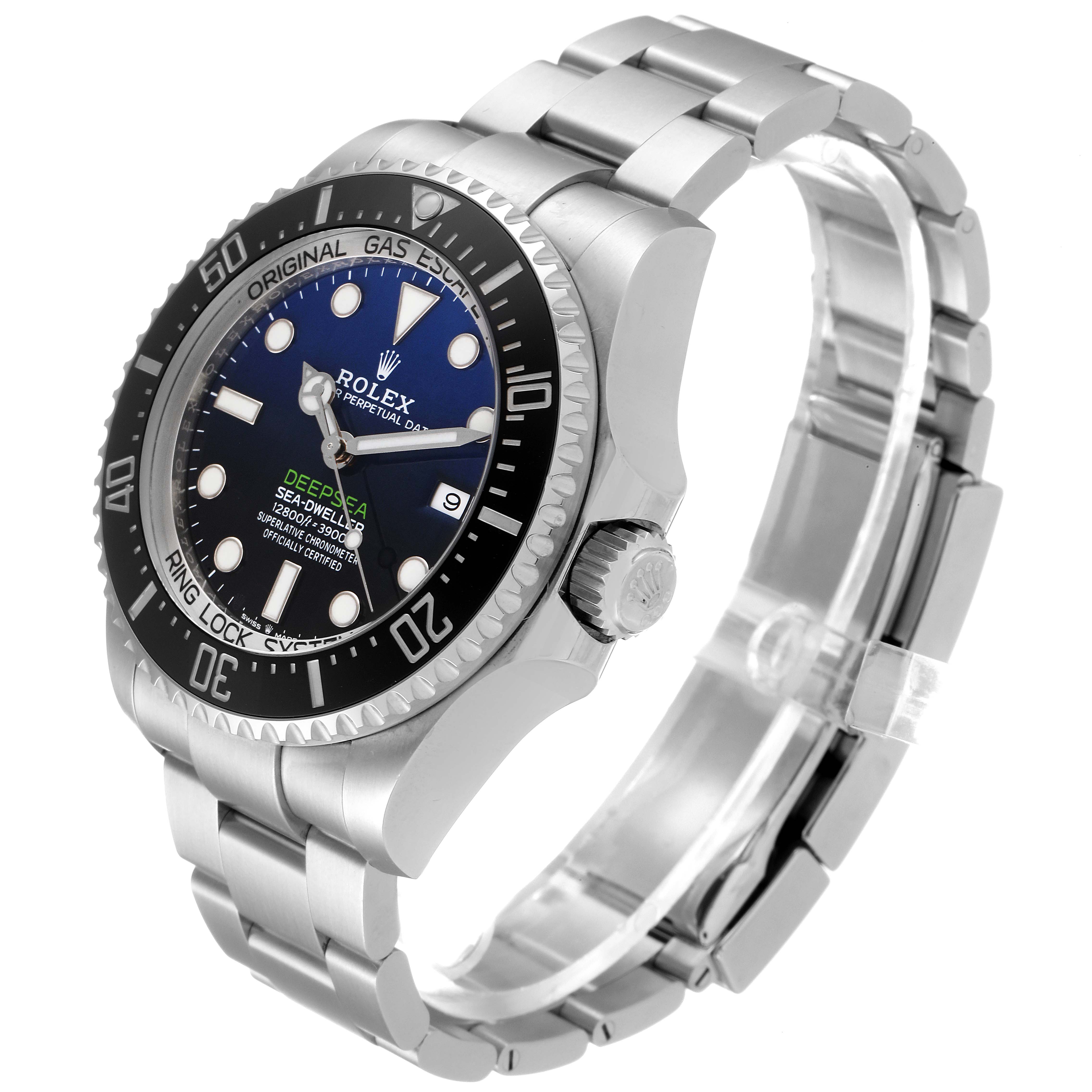 The image shows a Rolex Sea-Dweller 126660 Men
s Stainless Steel Blue Dial 126660 Men
s Stainless Steel Blue Dial watch at a 3/4 angle, displaying the face, bezel, crown, and bracelet.