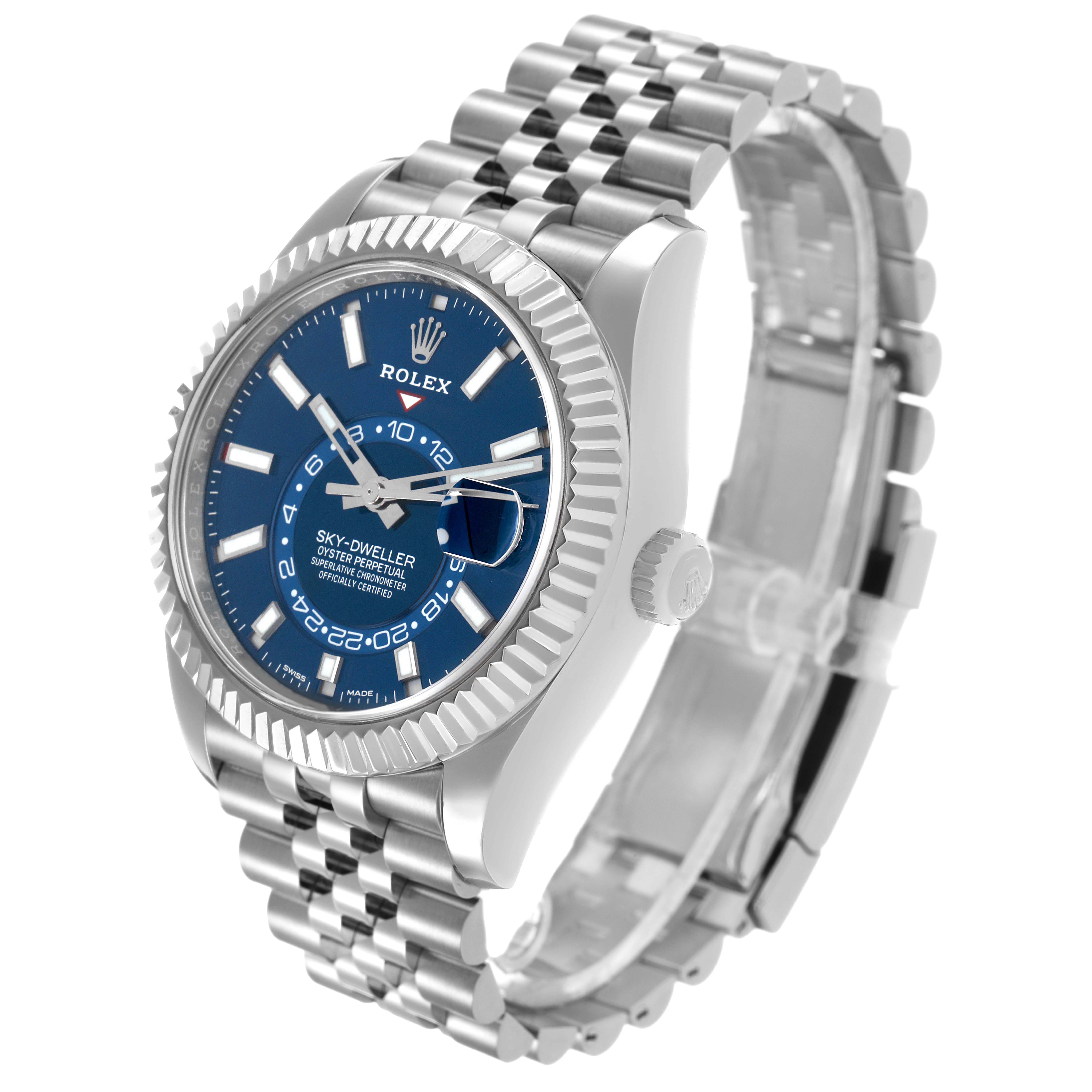 The Rolex Sky-Dweller 326934 Men's Stainless Steel Blue Dial watch is shown at a three-quarter angle, displaying the blue dial, bezel, and bracelet.